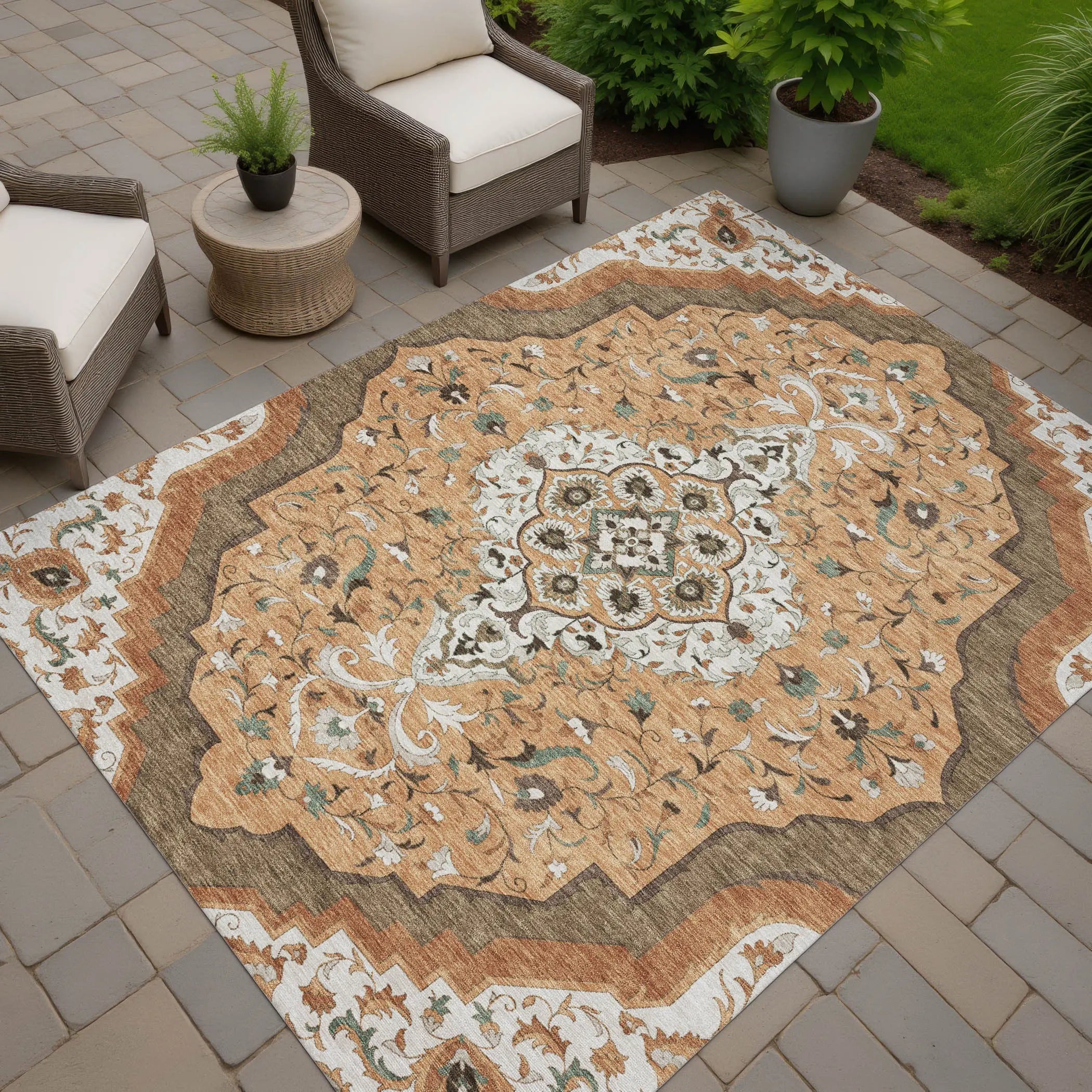 8' X 10' Copper And Blue Medallion Washable Indoor Outdoor Area Rug Homeroots Outdoor