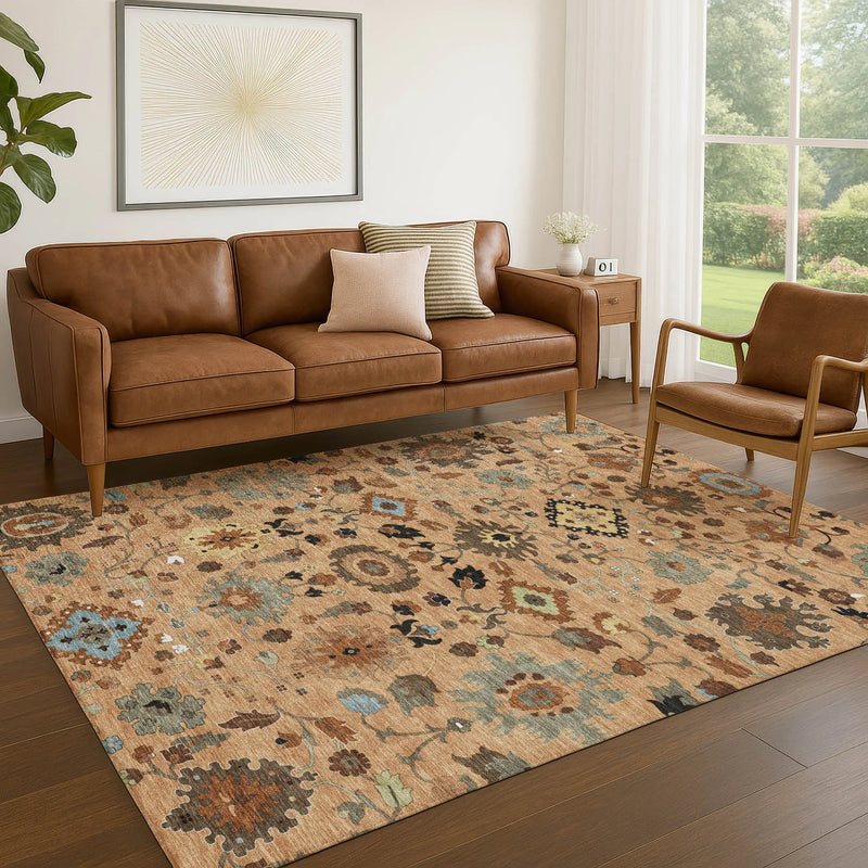 8' X 10' Copper And Brown Floral Medallion Washable Indoor Outdoor Area Rug Homeroots Outdoor