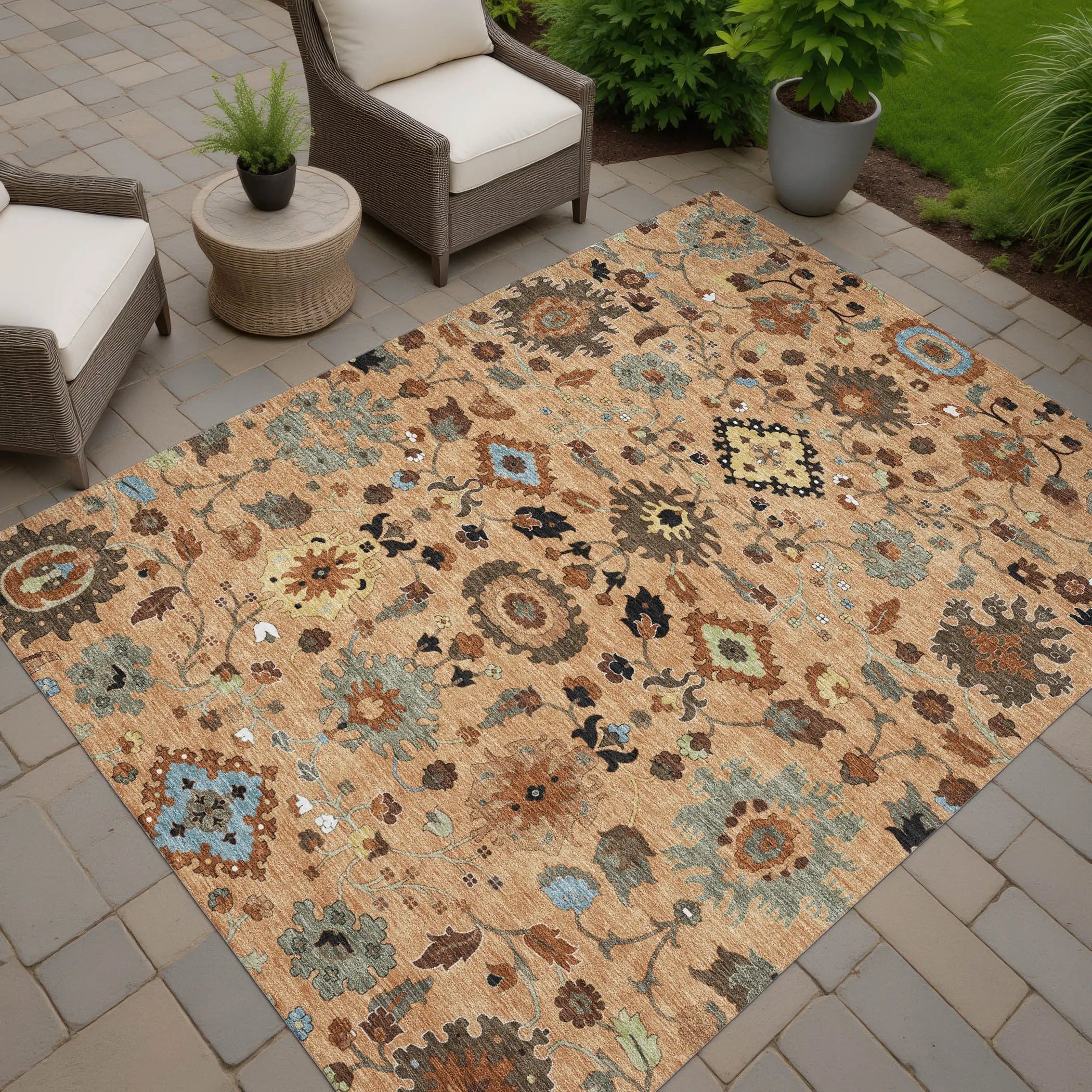 8' X 10' Copper And Brown Floral Medallion Washable Indoor Outdoor Area Rug Homeroots Outdoor