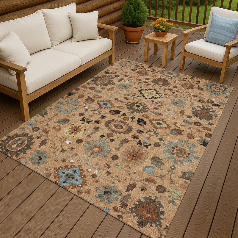 8' X 10' Copper And Brown Floral Medallion Washable Indoor Outdoor Area Rug Homeroots Outdoor
