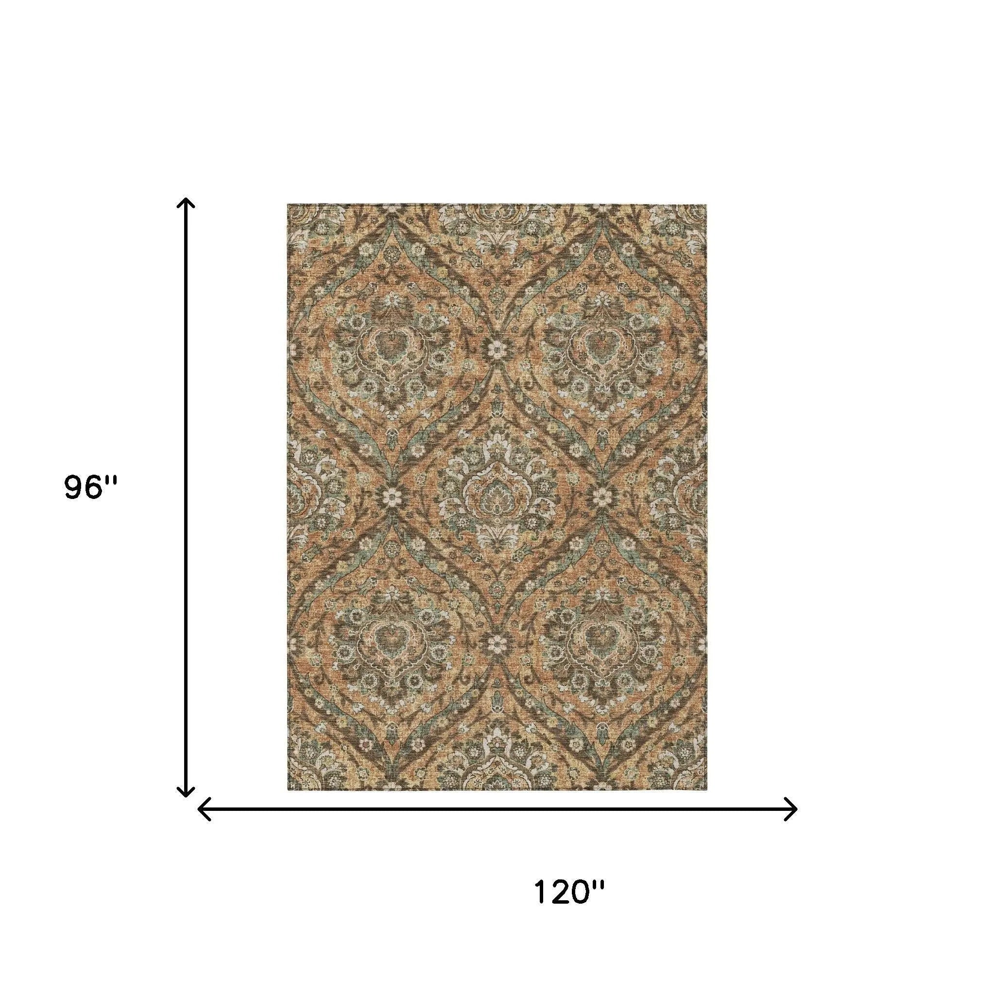 8' X 10' Copper And Gold Floral Washable Indoor Outdoor Area Rug Homeroots Outdoor