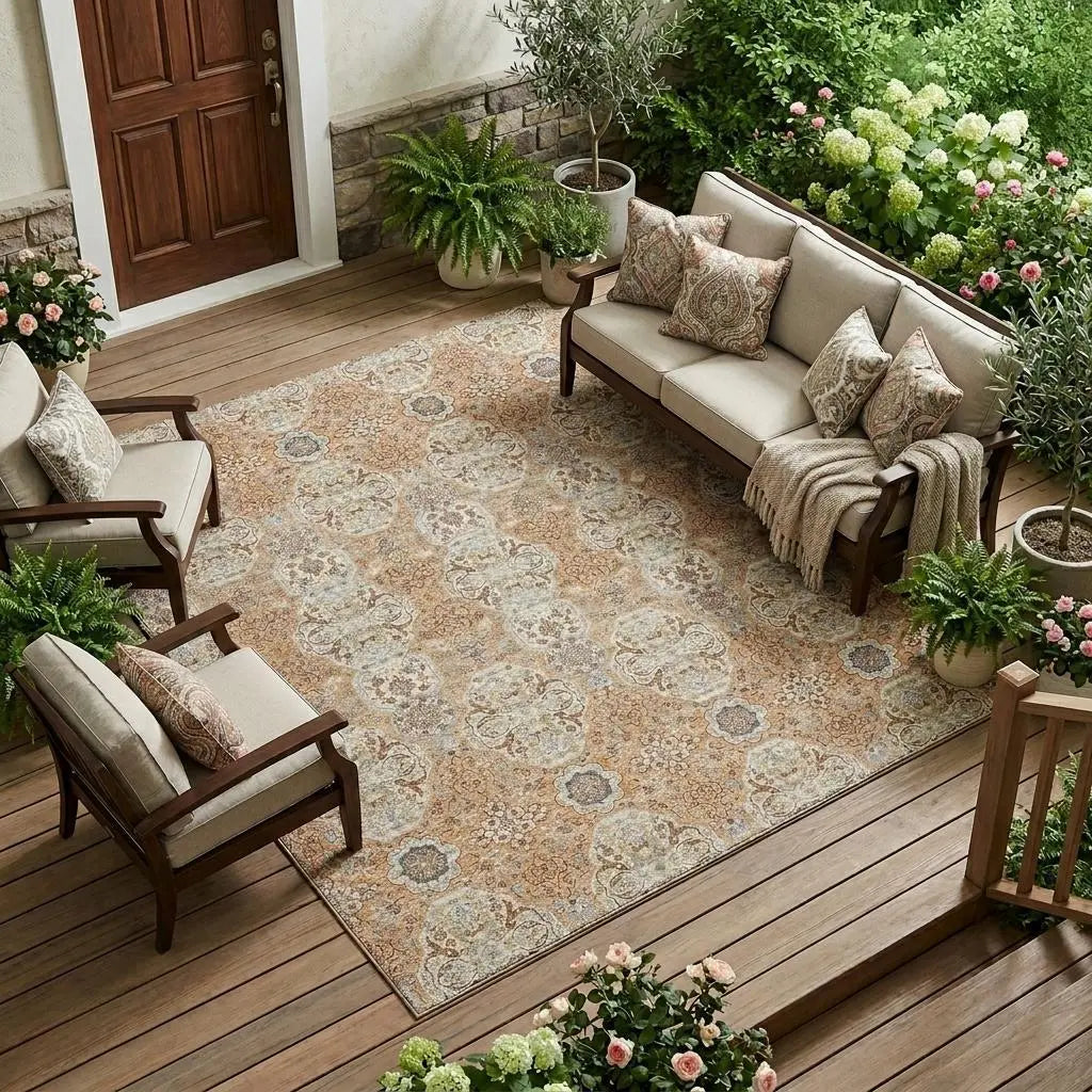 8' X 10' Copper And Gold Floral Washable Indoor Outdoor Area Rug Homeroots Outdoor