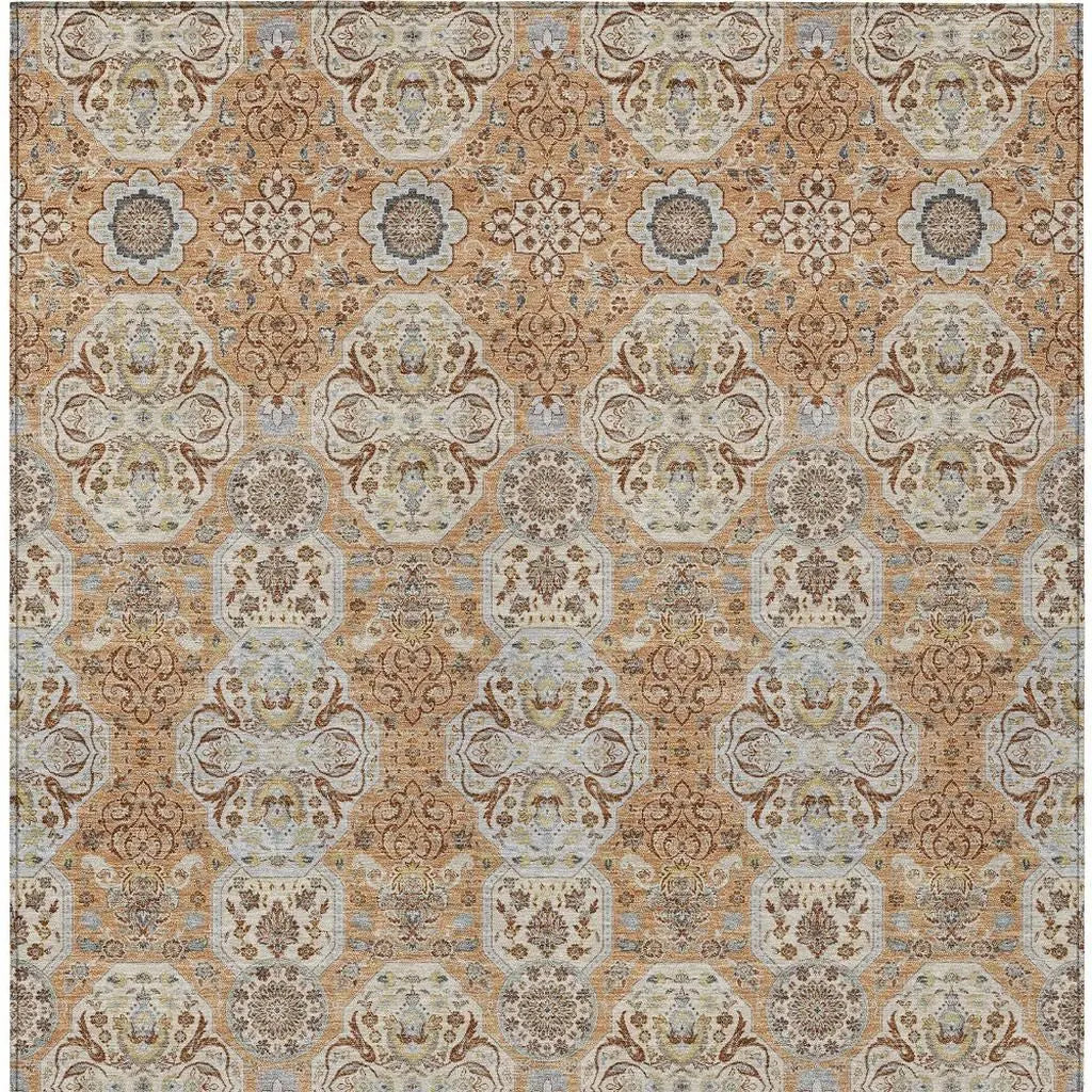 8' X 10' Copper And Gold Floral Washable Indoor Outdoor Area Rug Homeroots Outdoor