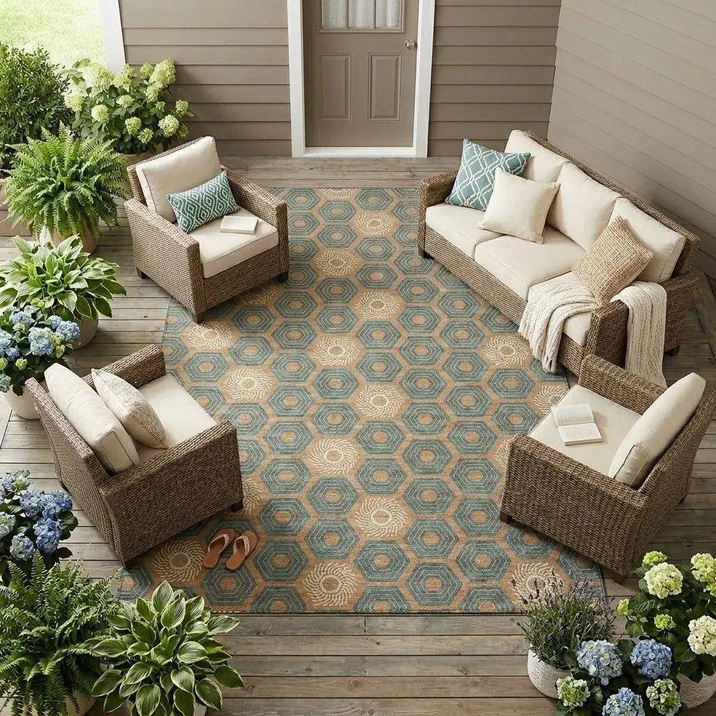 8' X 10' Copper And Green Geometric Washable Indoor Outdoor Area Rug Homeroots Outdoor