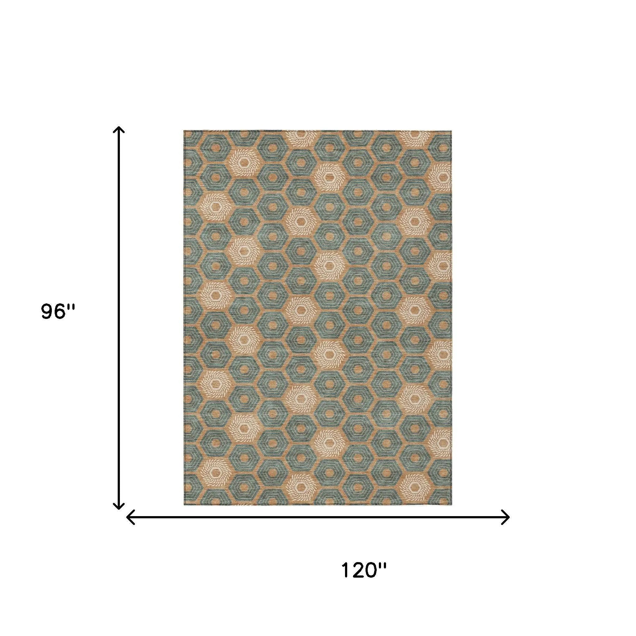 8' X 10' Copper And Green Geometric Washable Indoor Outdoor Area Rug Homeroots Outdoor