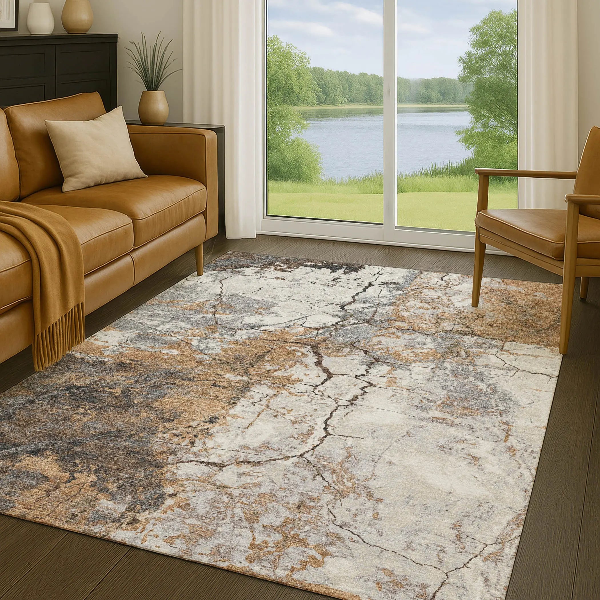 8' X 10' Copper And Ivory Abstract Washable Indoor Outdoor Area Rug Homeroots Outdoor