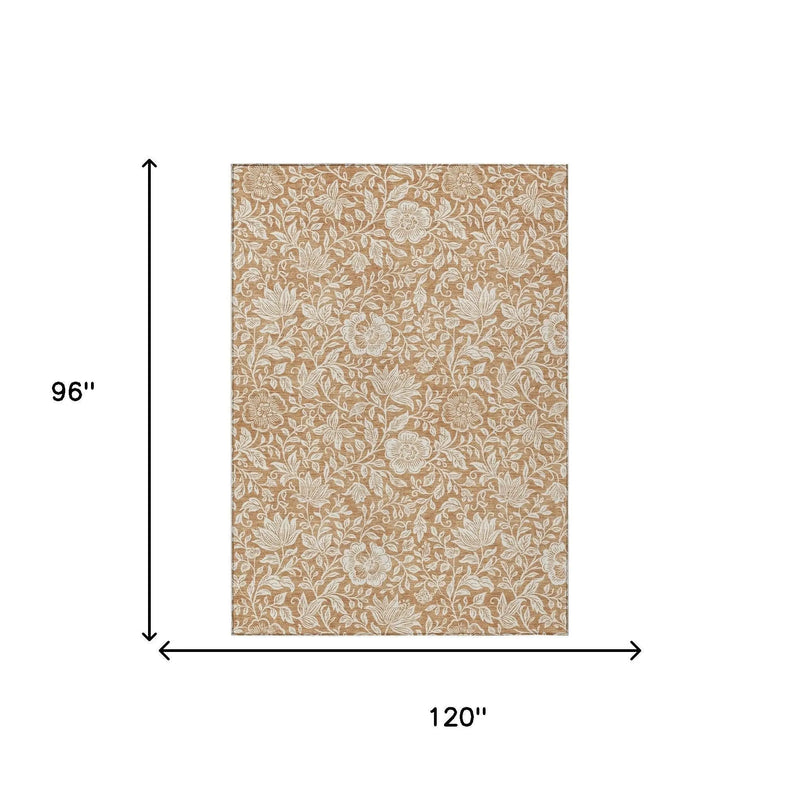 8' X 10' Copper And Ivory Floral Washable Indoor Outdoor Area Rug Homeroots Outdoor