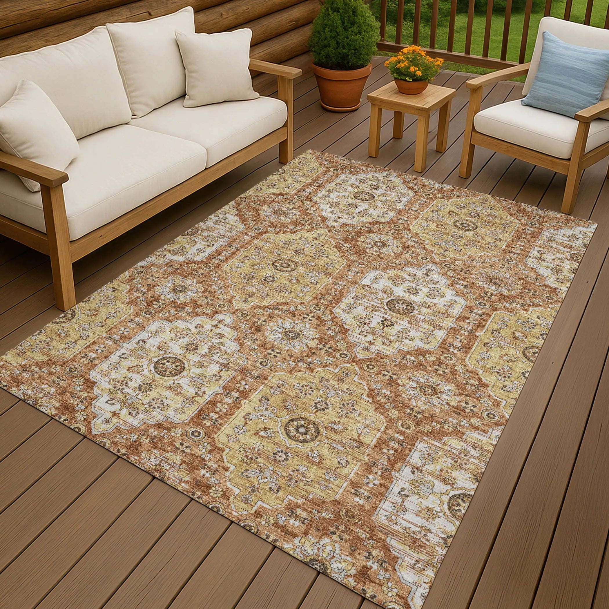 8' X 10' Copper And Orange Damask Washable Indoor Outdoor Area Rug Homeroots Outdoor