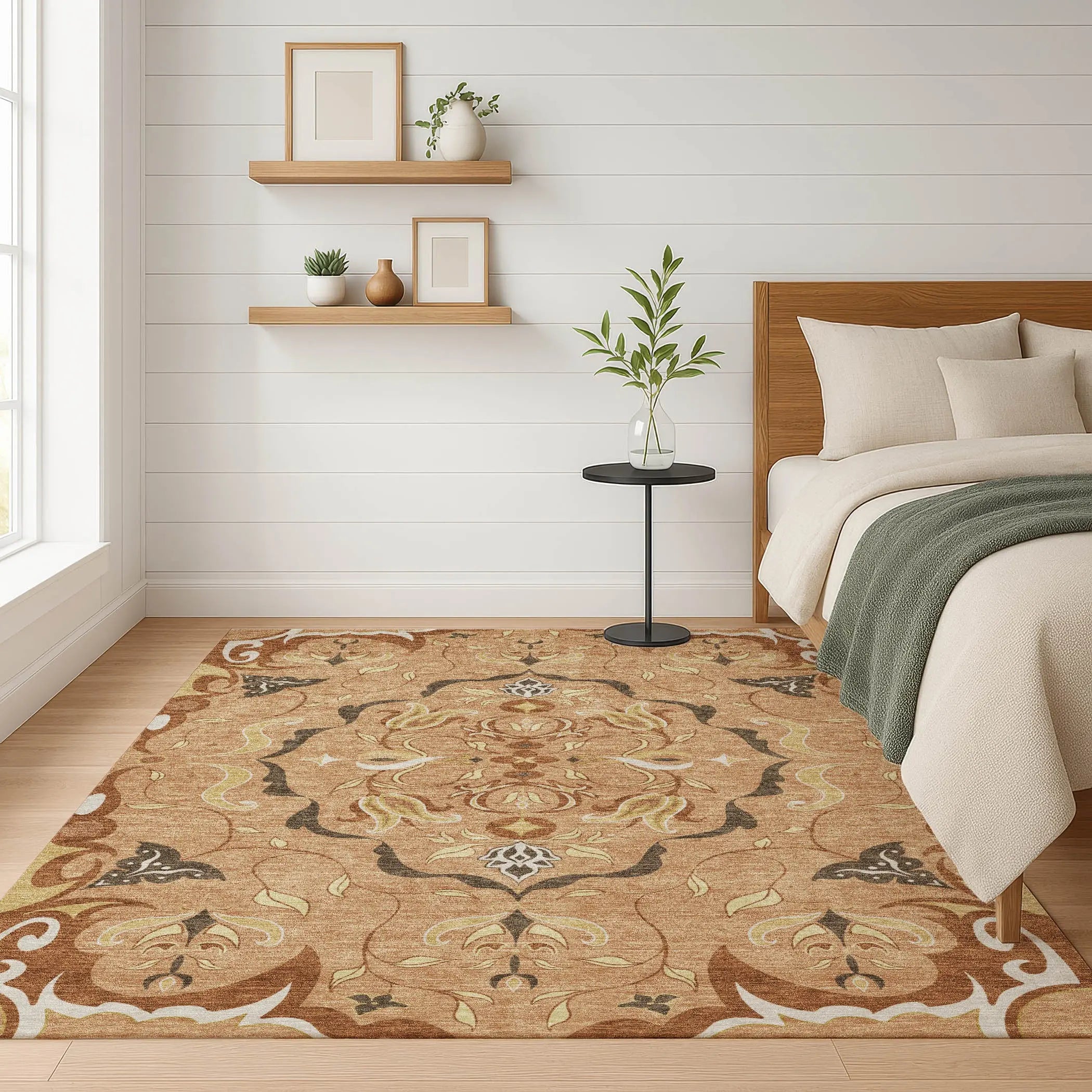 8' X 10' Copper And Orange Damask Washable Indoor Outdoor Area Rug Homeroots Outdoor