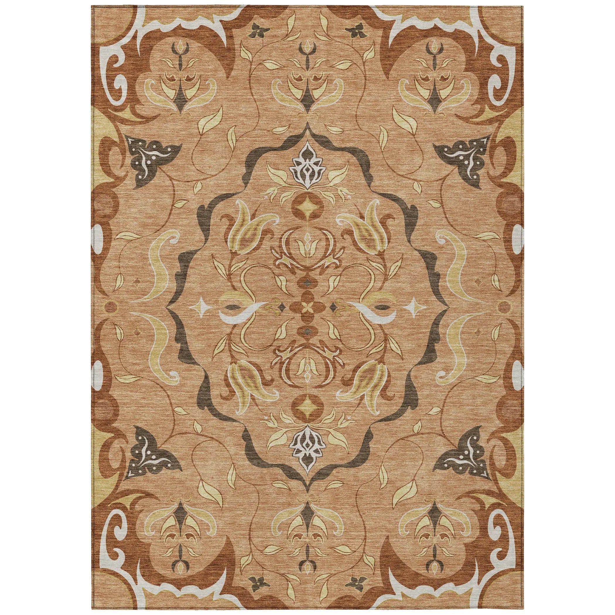 8' X 10' Copper And Orange Damask Washable Indoor Outdoor Area Rug Homeroots Outdoor