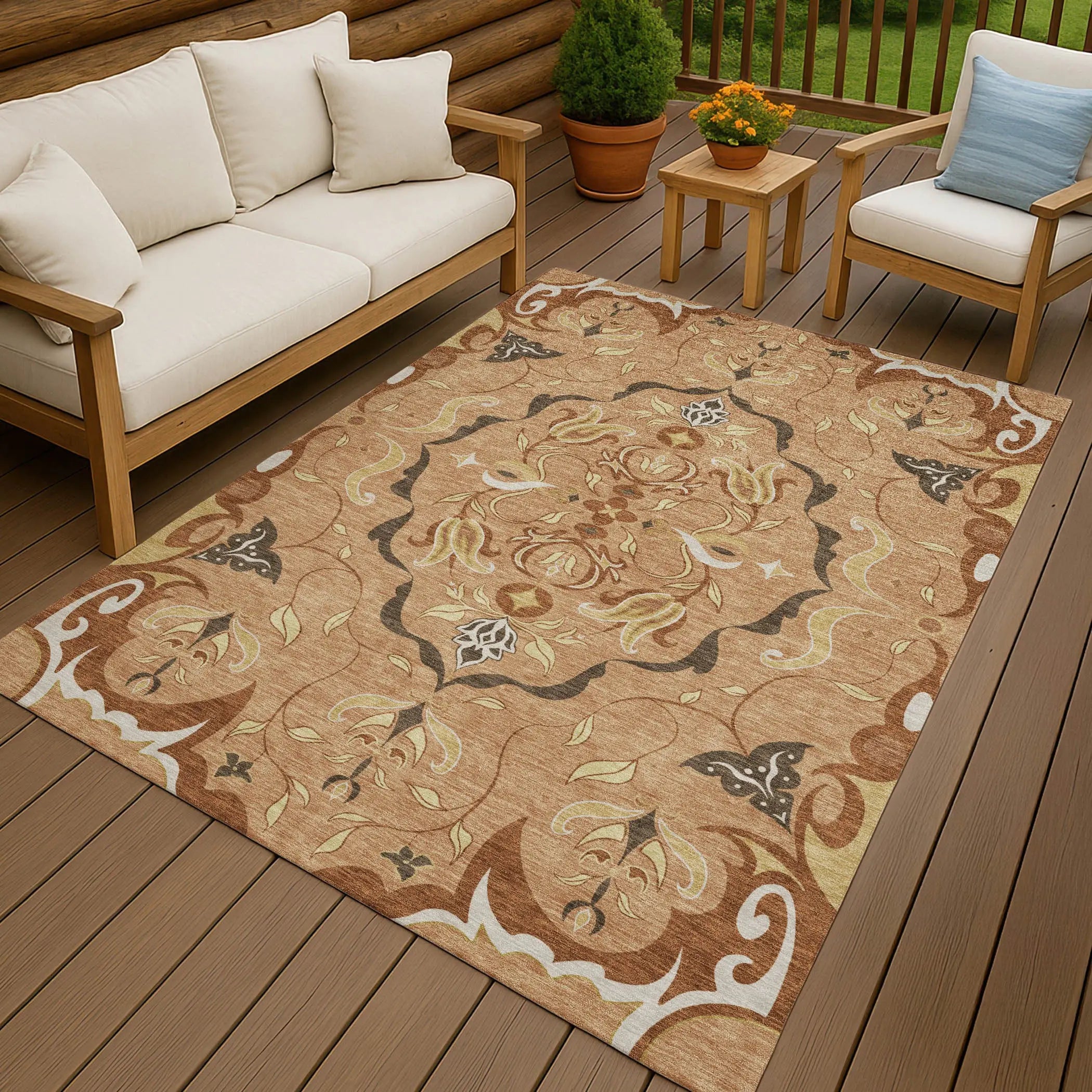 8' X 10' Copper And Orange Damask Washable Indoor Outdoor Area Rug Homeroots Outdoor
