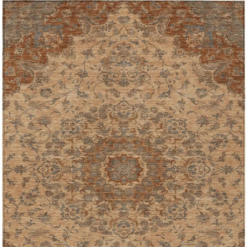 8' X 10' Copper And Orange Floral Medallion Washable Indoor Outdoor Area Rug Homeroots Outdoor
