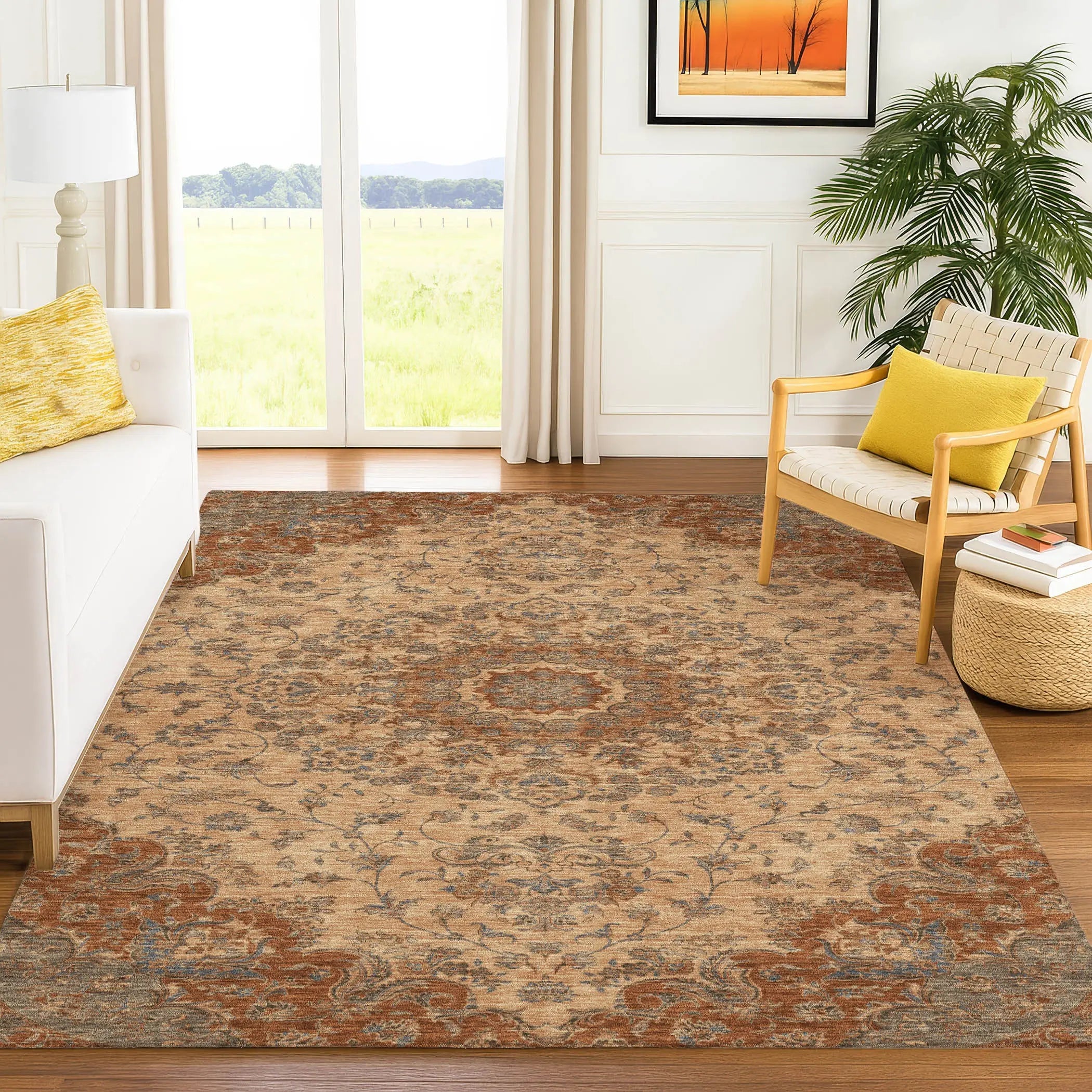 8' X 10' Copper And Orange Floral Medallion Washable Indoor Outdoor Area Rug Homeroots Outdoor