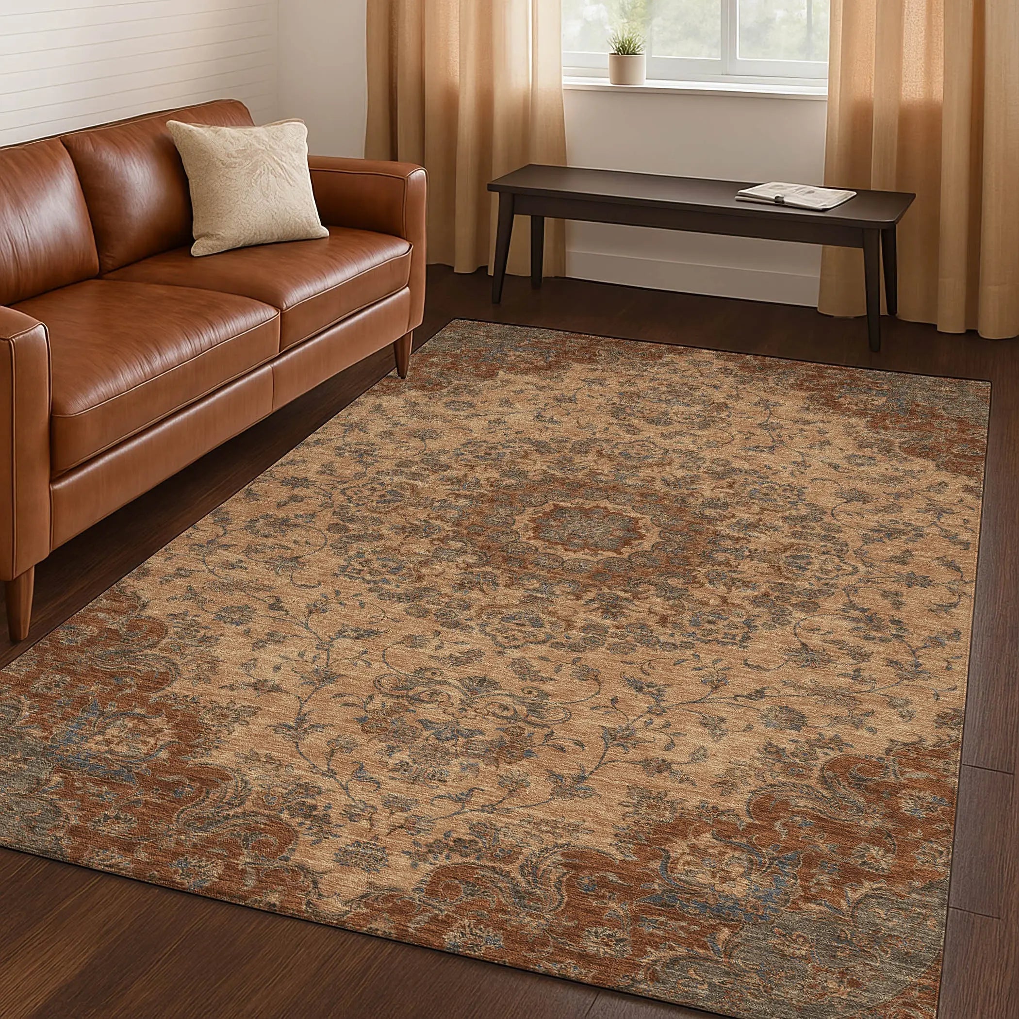8' X 10' Copper And Orange Floral Medallion Washable Indoor Outdoor Area Rug Homeroots Outdoor