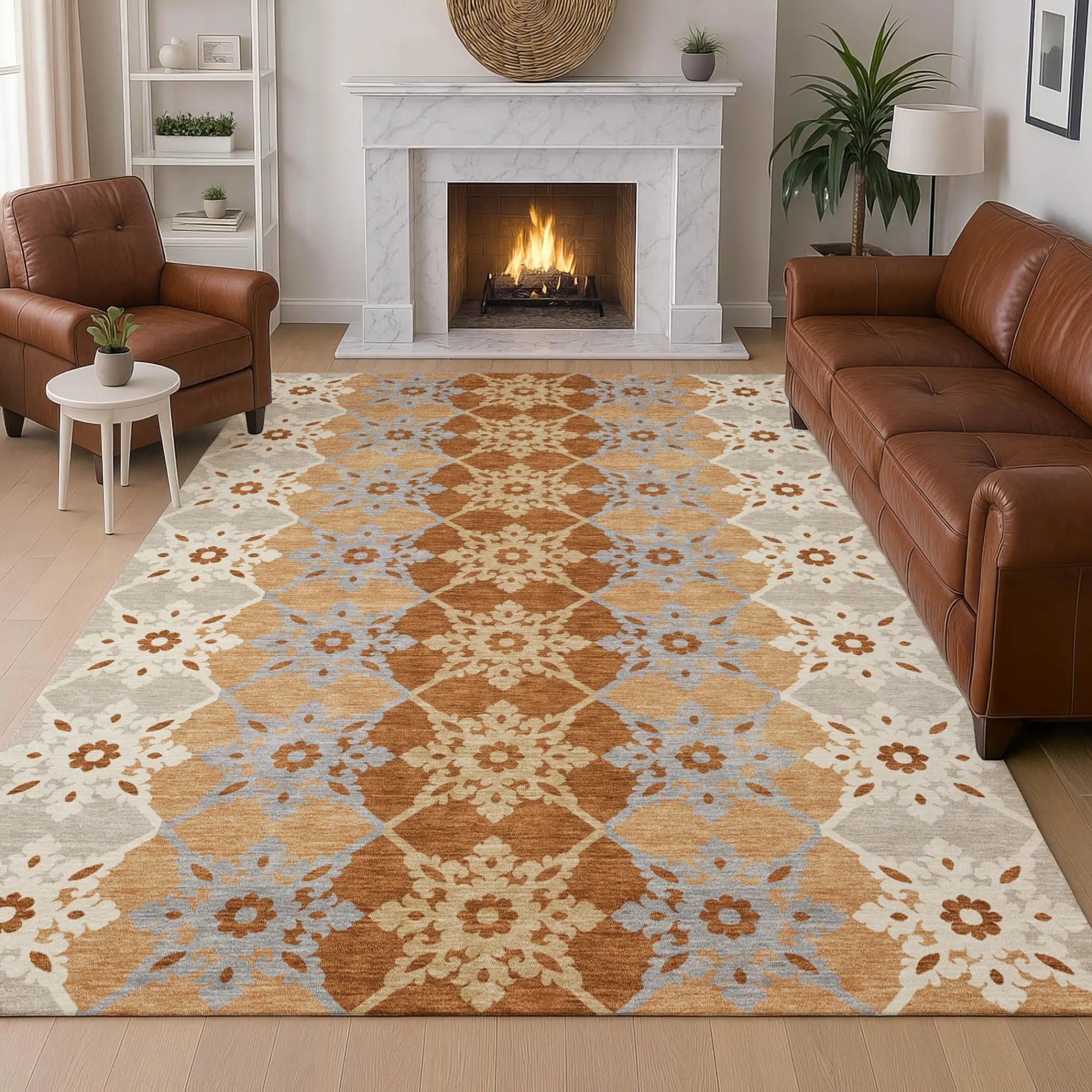 8' X 10' Copper And Orange Floral Medallion Washable Indoor Outdoor Area Rug Homeroots Outdoor