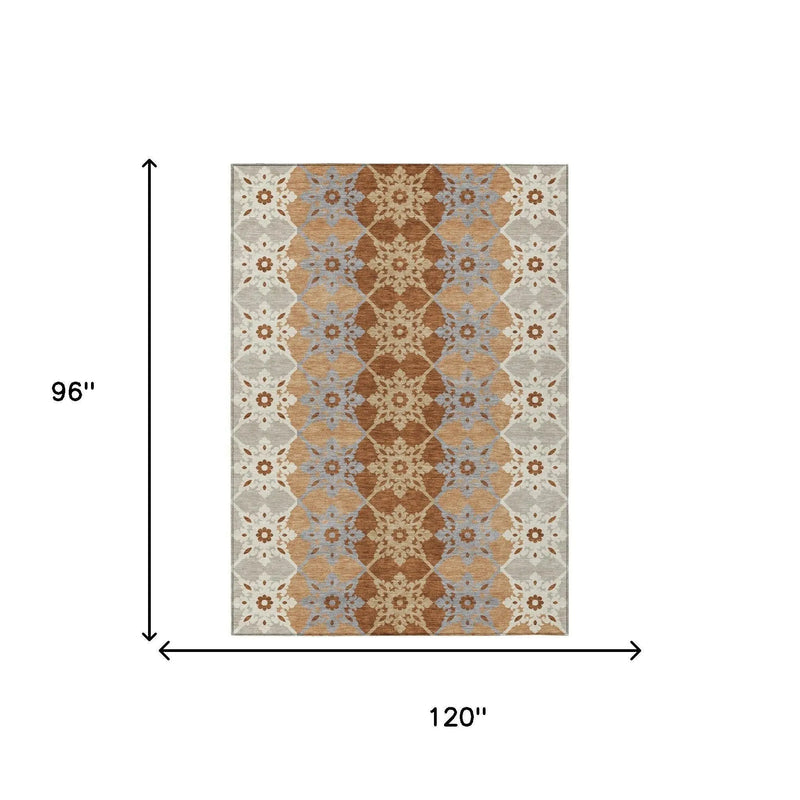 8' X 10' Copper And Orange Floral Medallion Washable Indoor Outdoor Area Rug Homeroots Outdoor