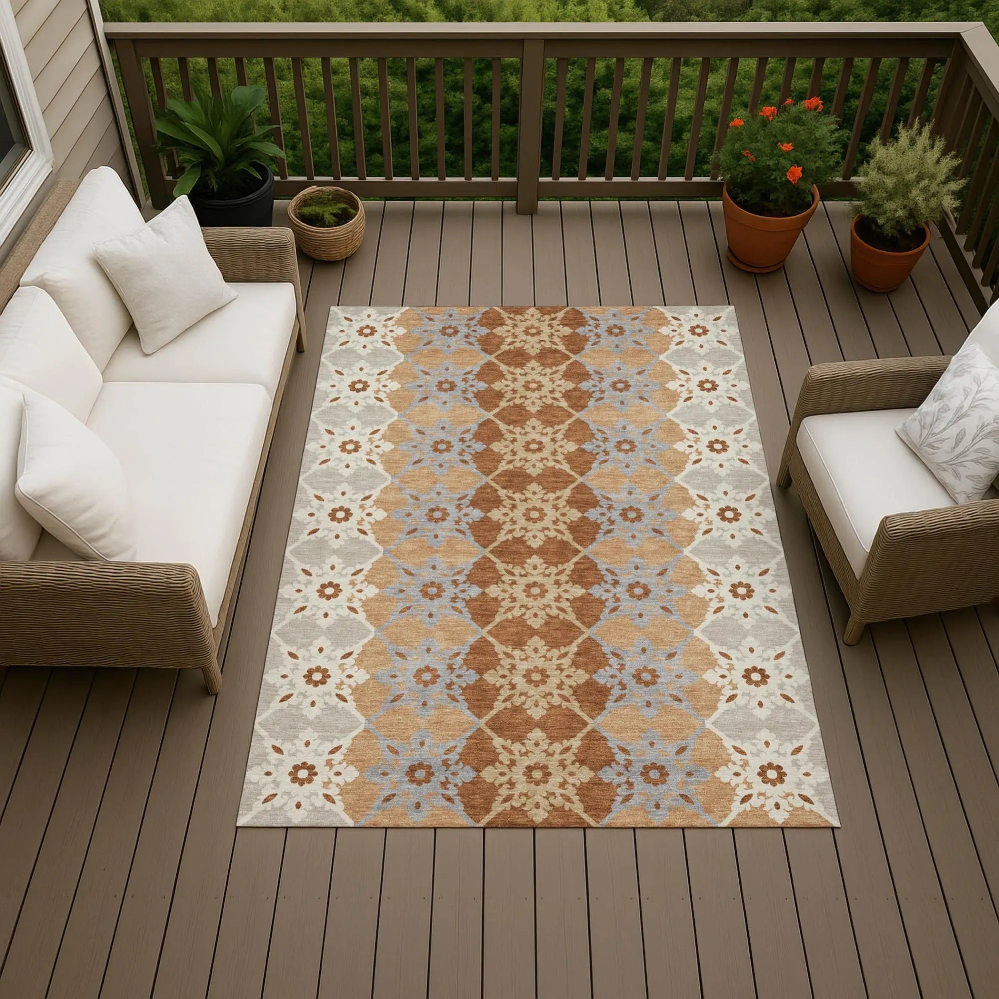 8' X 10' Copper And Orange Floral Medallion Washable Indoor Outdoor Area Rug Homeroots Outdoor