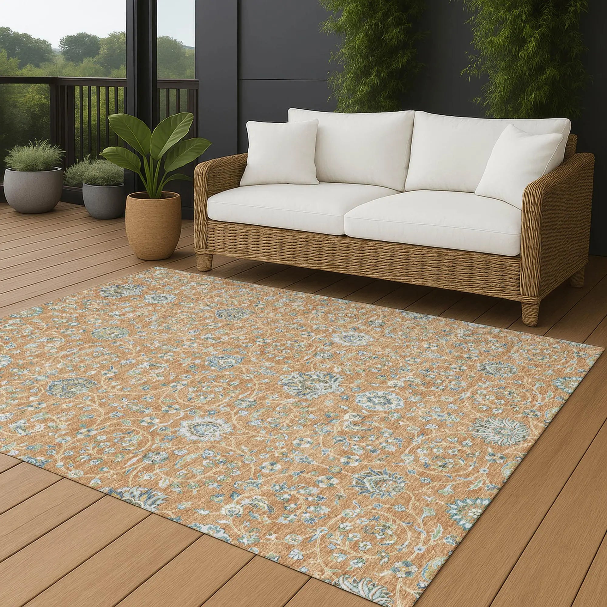8' X 10' Copper And Orange Floral Washable Indoor Outdoor Area Rug Homeroots Outdoor