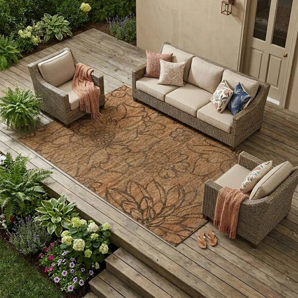 8' X 10' Copper And Orange Floral Washable Indoor Outdoor Area Rug Homeroots Outdoor