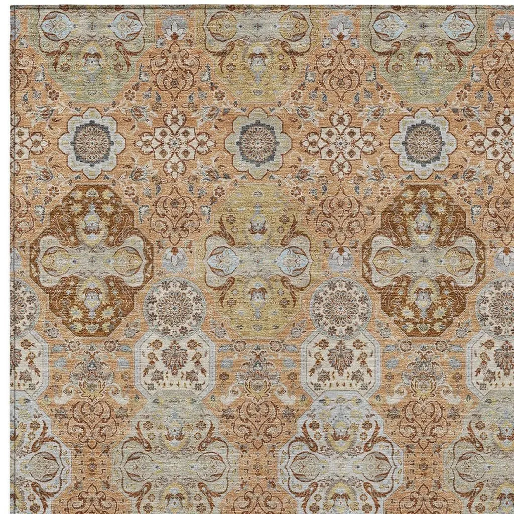 8' X 10' Copper And Orange Floral Washable Indoor Outdoor Area Rug Homeroots Outdoor