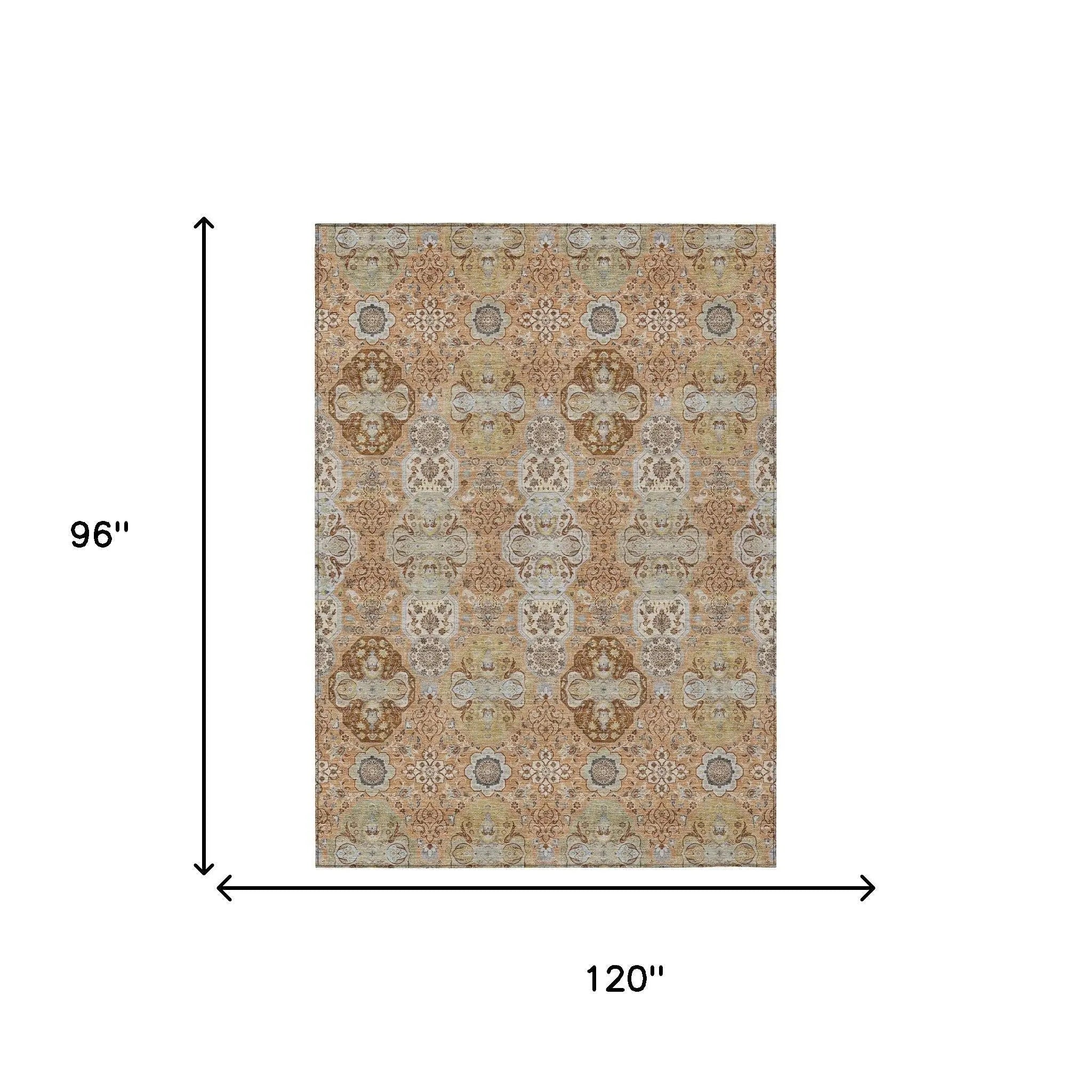 8' X 10' Copper And Orange Floral Washable Indoor Outdoor Area Rug Homeroots Outdoor