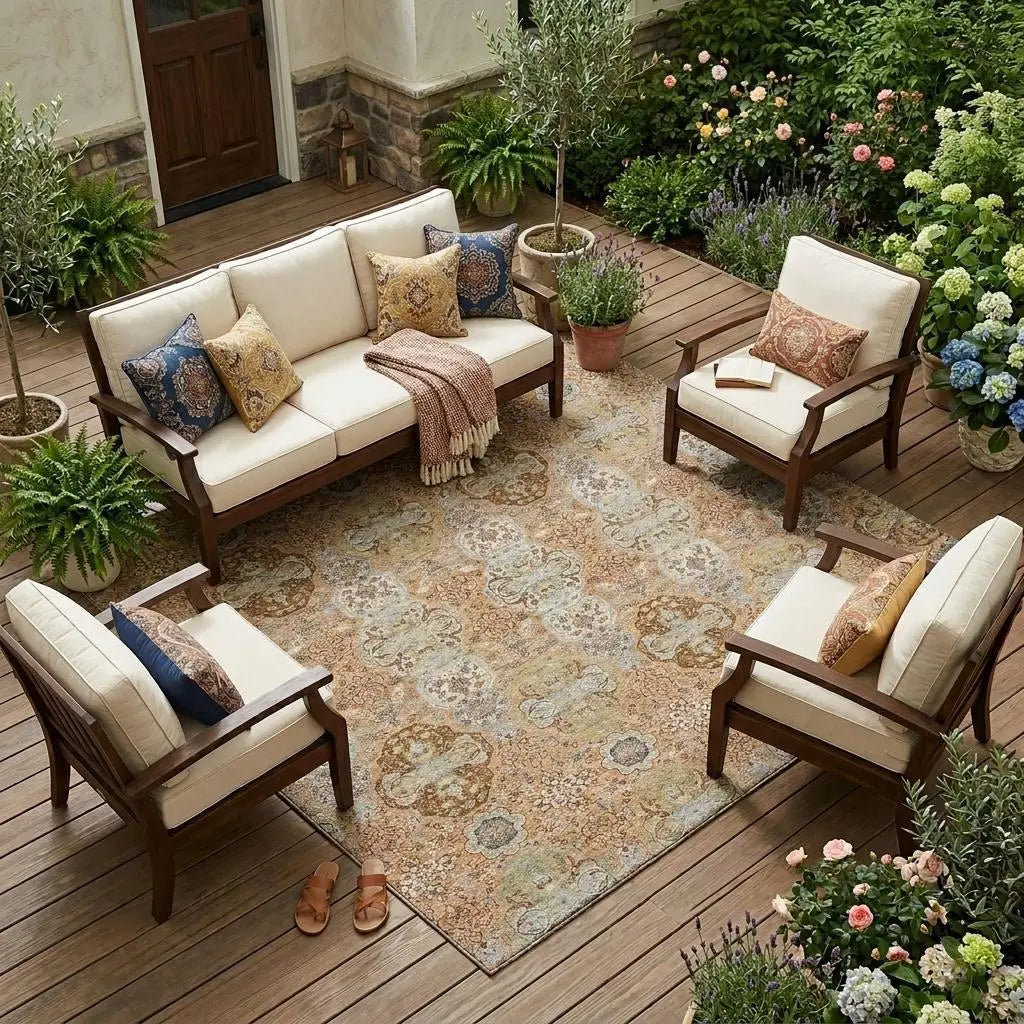 8' X 10' Copper And Orange Floral Washable Indoor Outdoor Area Rug Homeroots Outdoor