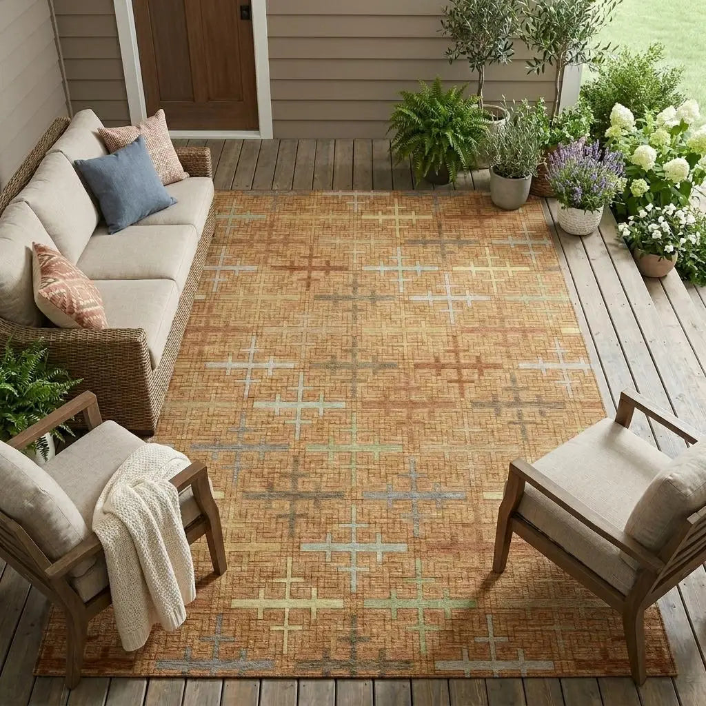 8' X 10' Copper And Orange Geometric Washable Indoor Outdoor Area Rug Homeroots Outdoor