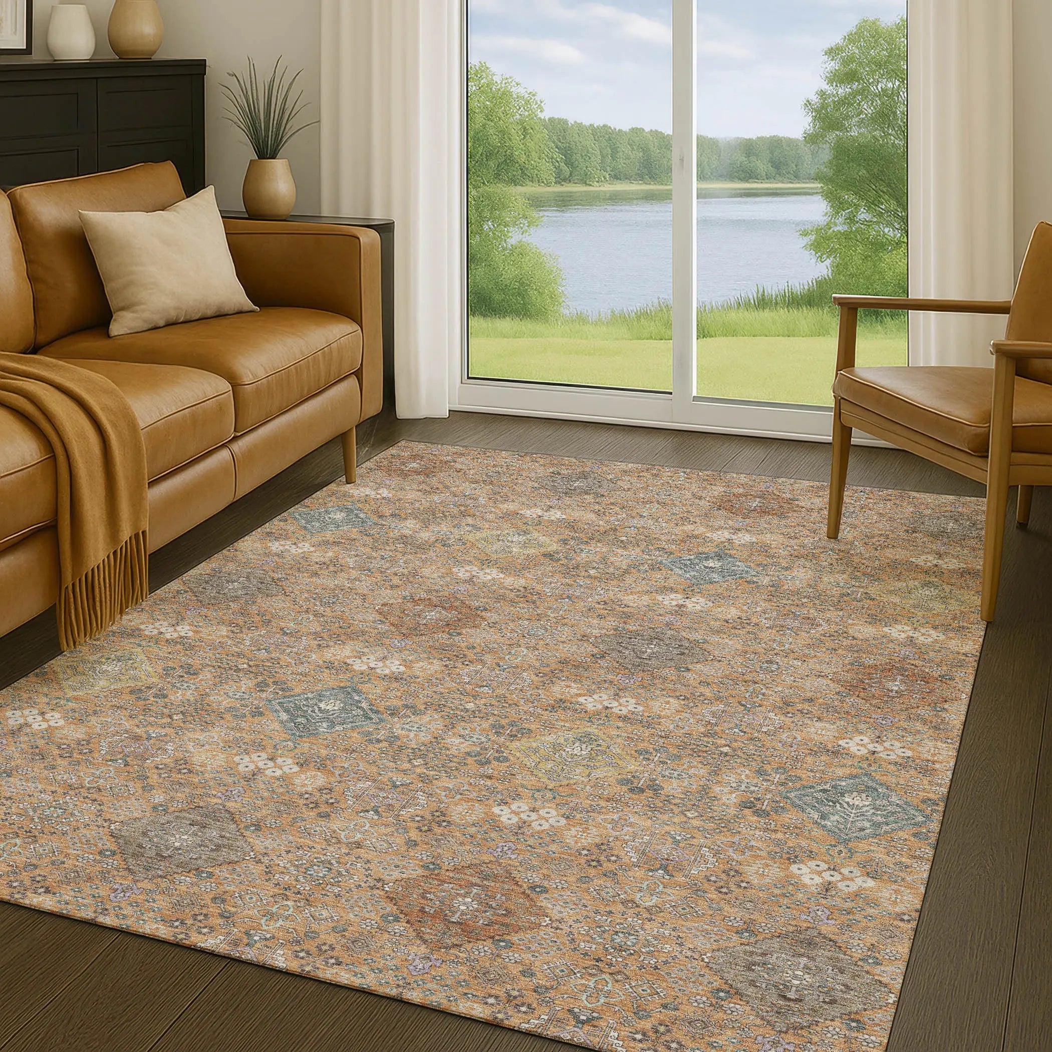 8' X 10' Copper And Orange Oriental Washable Indoor Outdoor Area Rug Homeroots Outdoor
