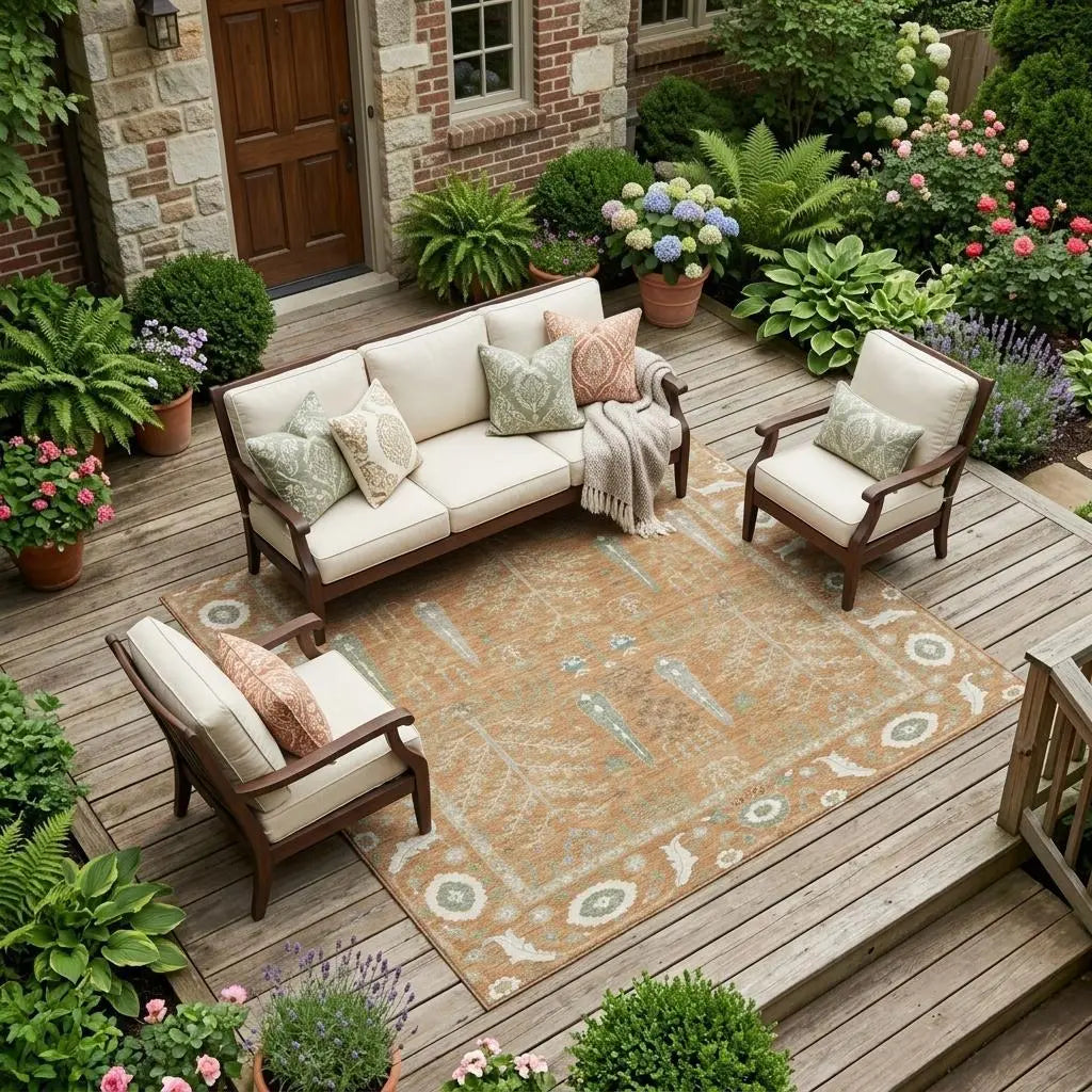 8' X 10' Copper And Orange Oriental Washable Indoor Outdoor Area Rug Homeroots Outdoor