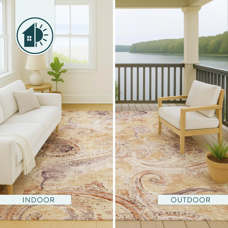 8' X 10' Copper And Orange Paisley Washable Indoor Outdoor Area Rug Homeroots Outdoor