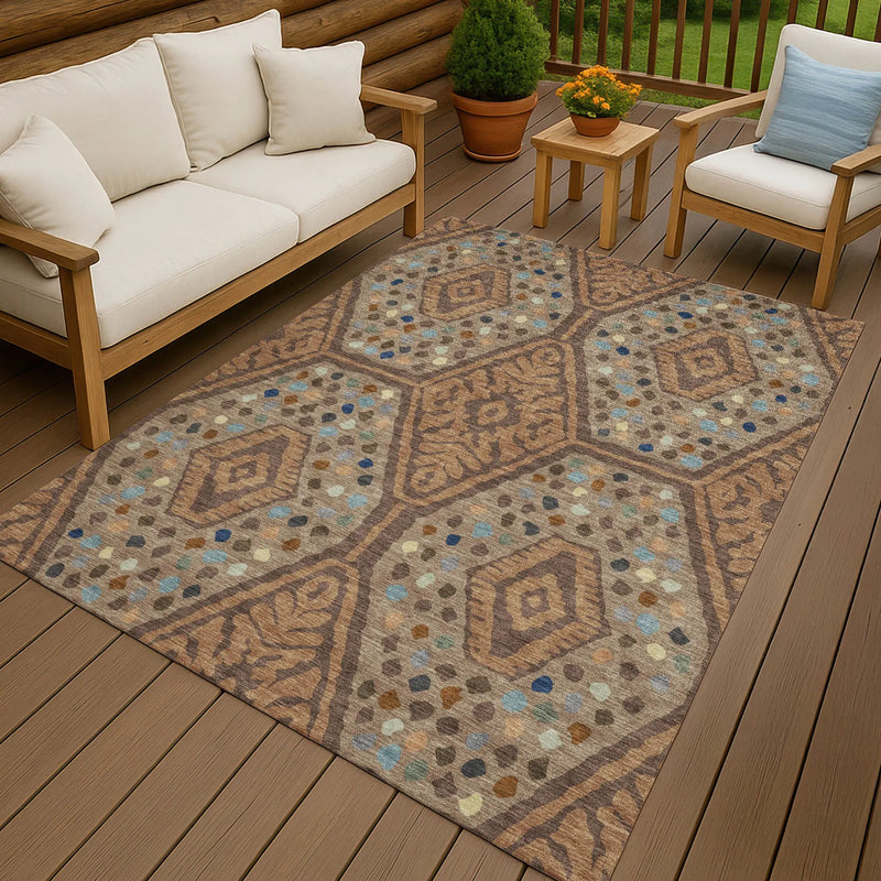 8' X 10' Copper And Orange Tribal Washable Indoor Outdoor Area Rug Homeroots Outdoor