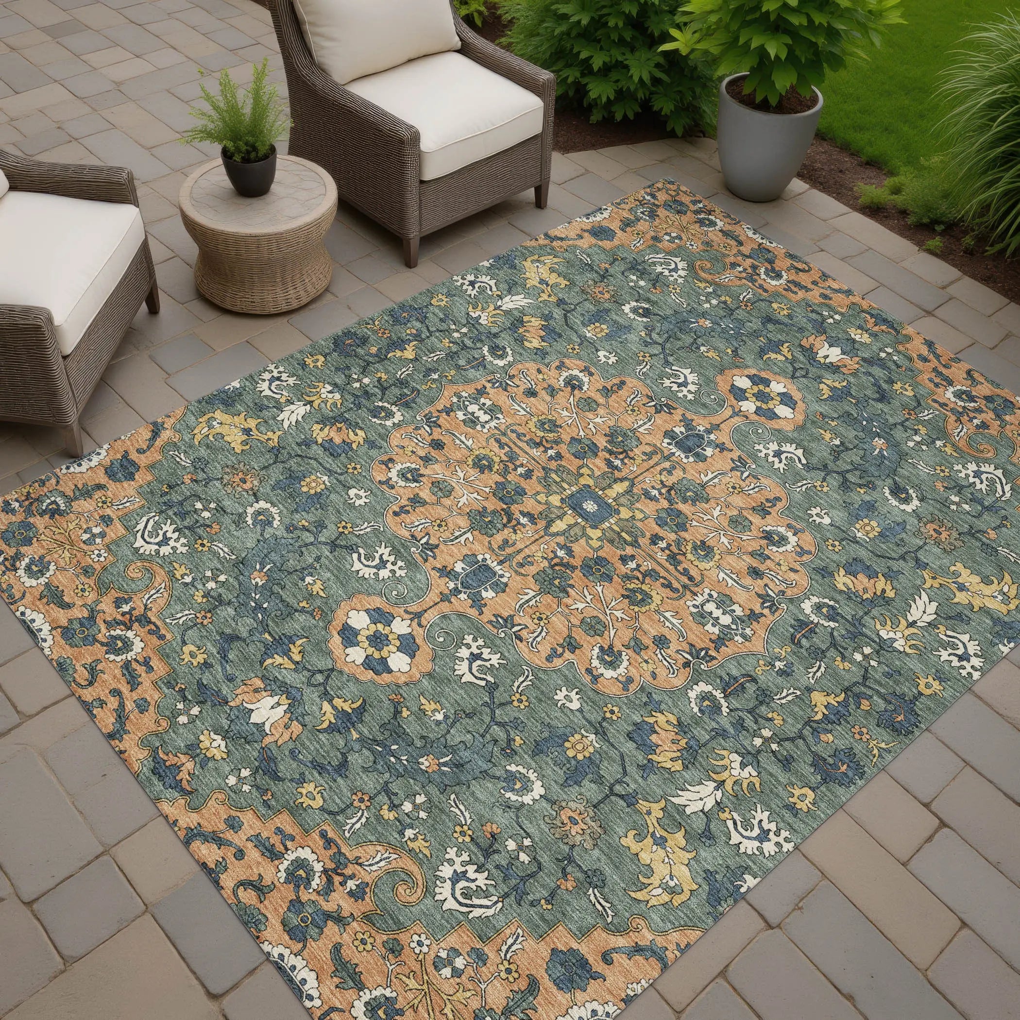 8' X 10' Copper And Sage Floral Medallion Washable Indoor Outdoor Area Rug Homeroots Outdoor