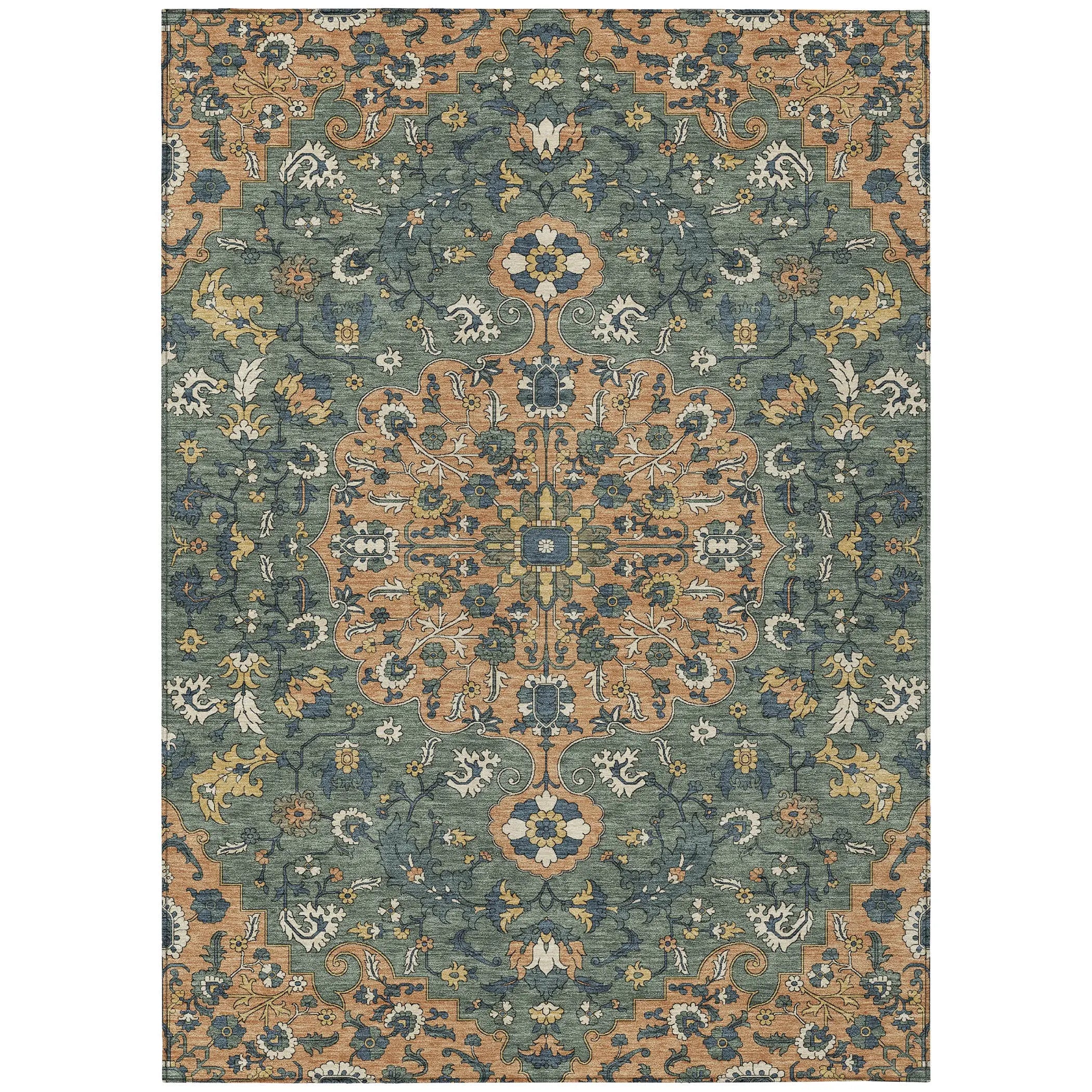 8' X 10' Copper And Sage Floral Medallion Washable Indoor Outdoor Area Rug Homeroots Outdoor