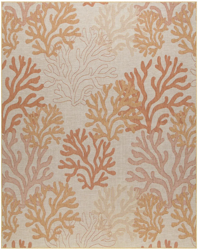 Coral-patterned fabric in warm orange and beige tones, perfect for curtains or upholstery. Boho-chic style.
