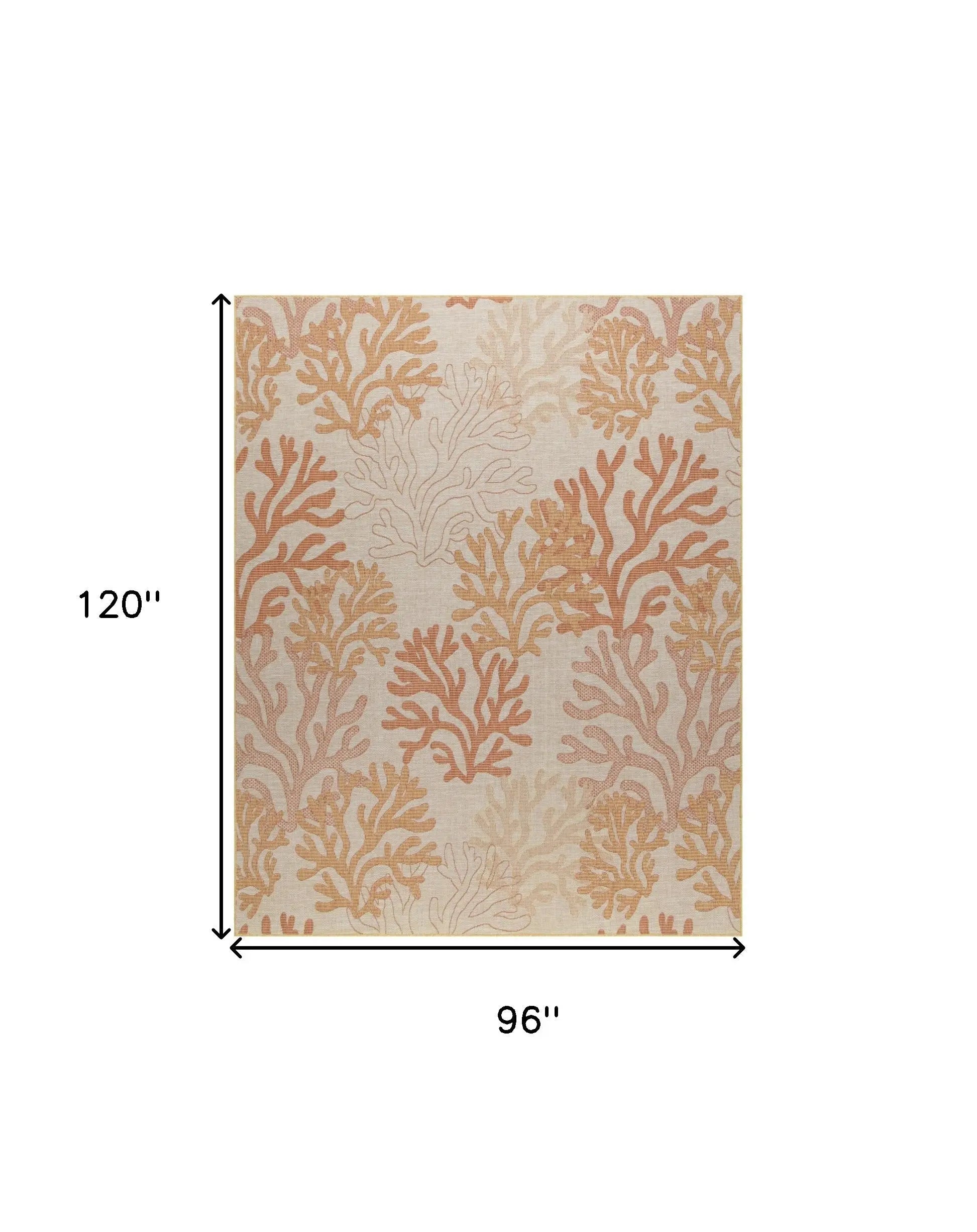 Cream area rug with coral pattern in warm tones of orange and gold, measuring 120” x 96”. Perfect for coastal decor.