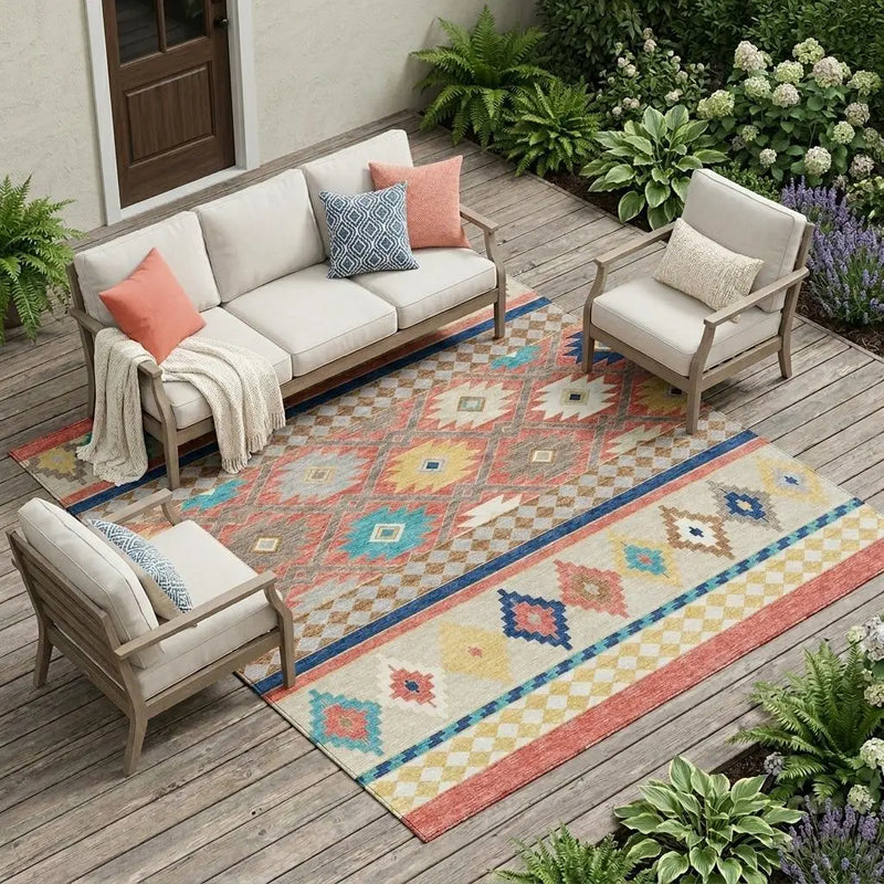 8' X 10' Coral And Beige Southwestern Washable Indoor Outdoor Area Rug Homeroots Outdoor