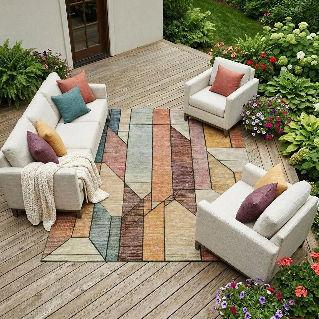 8' X 10' Coral And Orange Geometric Washable Indoor Outdoor Area Rug Homeroots Outdoor