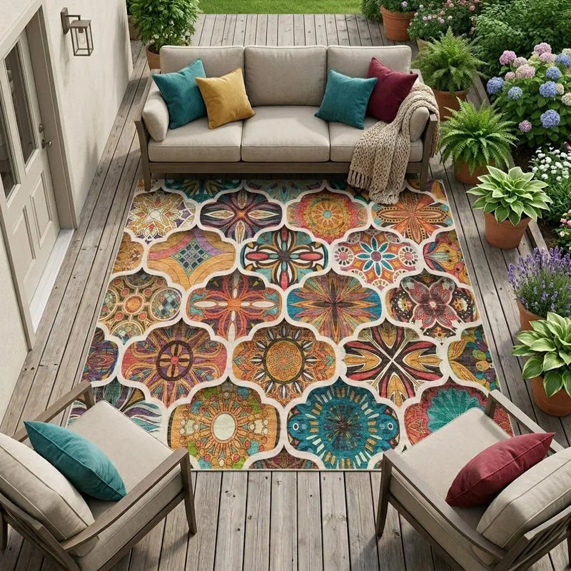 8' X 10' Coral And Orange Ogee Washable Indoor Outdoor Area Rug Homeroots Outdoor