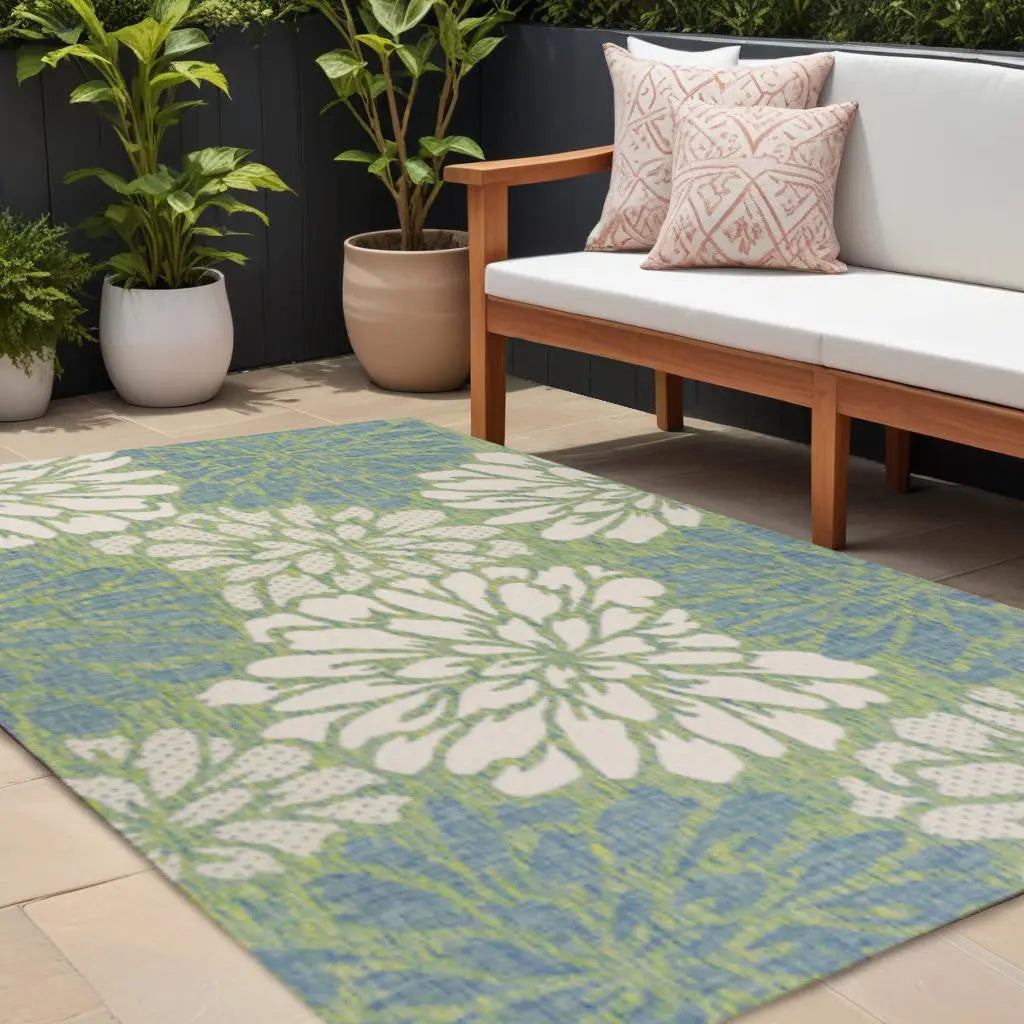8' X 10' Cream And Green Floral Indoor Outdoor Area Rug Homeroots Outdoor