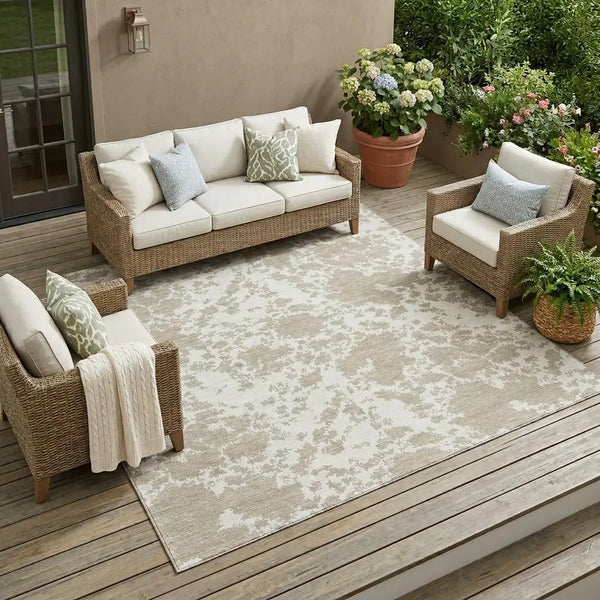 8' X 10' Cream And Ivory Abstract Washable Indoor Outdoor Area Rug Homeroots Outdoor