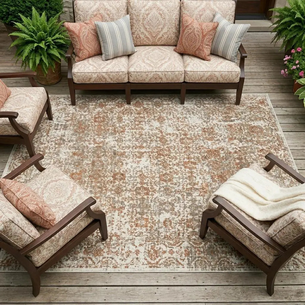 8' X 10' Cream And Ivory Abstract Washable Indoor Outdoor Area Rug Homeroots Outdoor