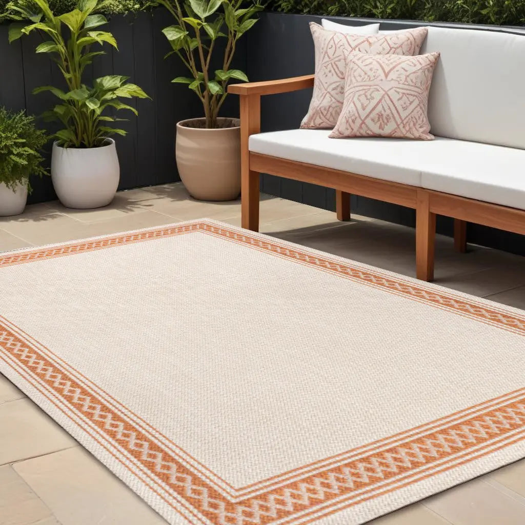 8' X 10' Cream And Orange Indoor Outdoor Area Rug Homeroots Outdoor