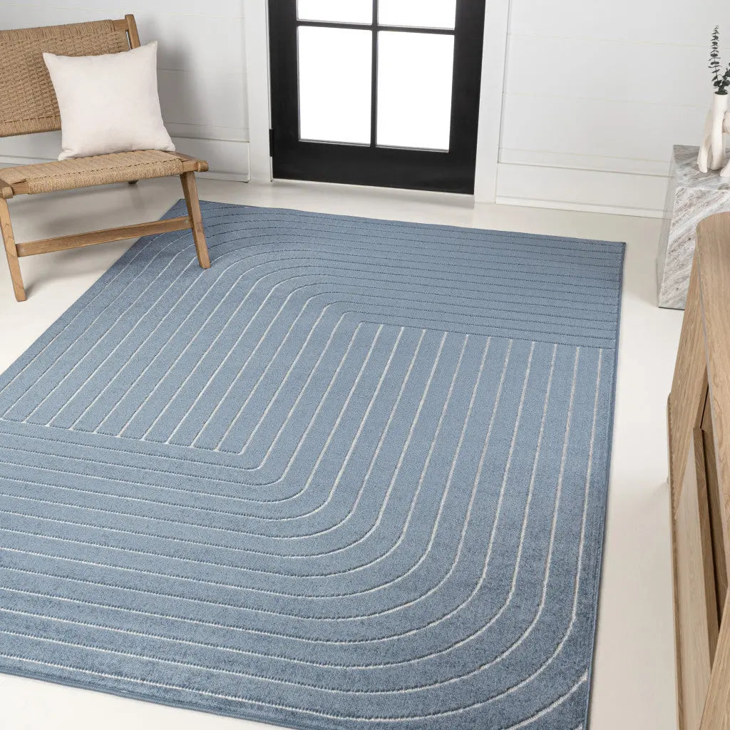 8' X 10' Dark Blue And Cream Striped Indoor Outdoor Area Rug - GreatEagleInc