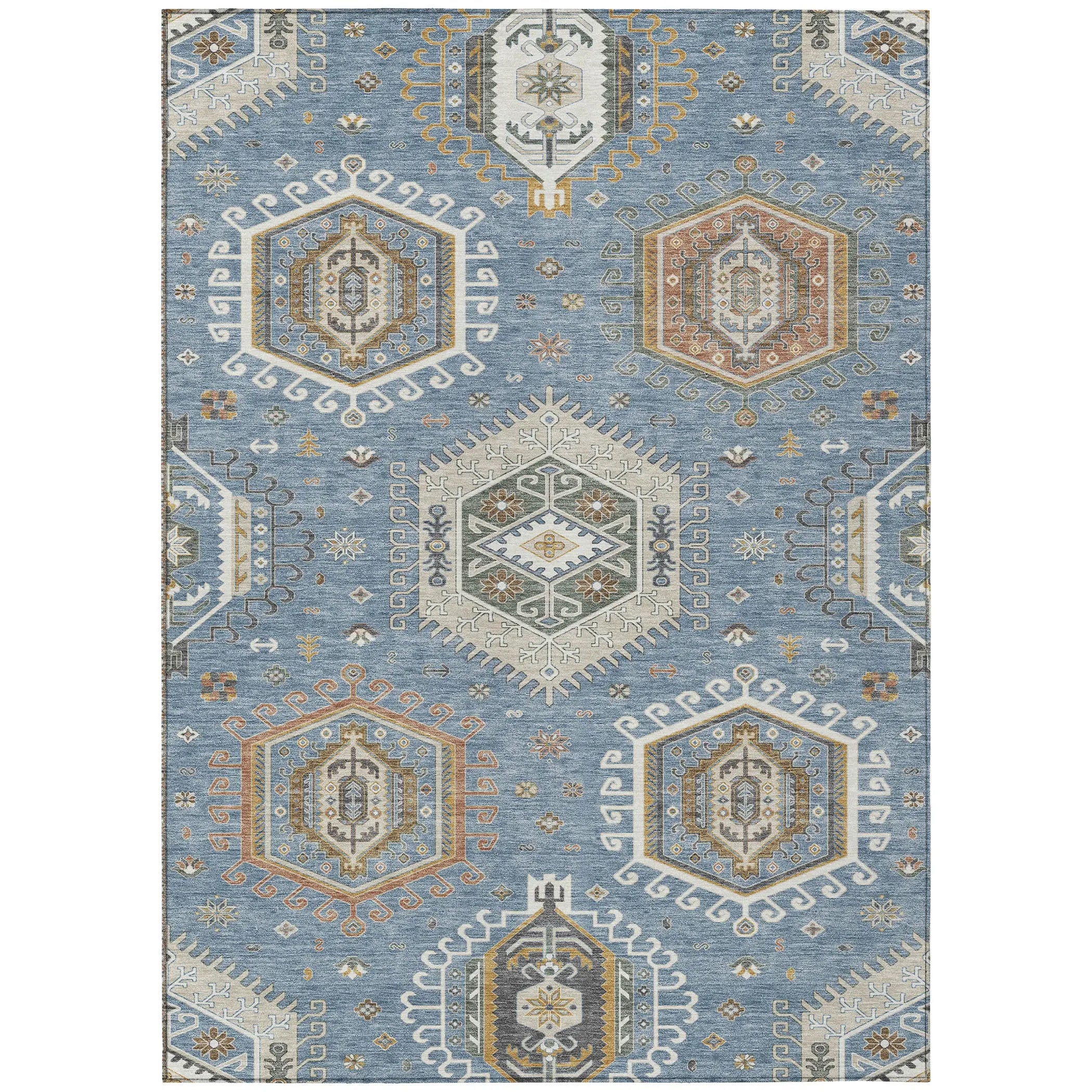 8' X 10' Denim Blue And Beige Tribal Washable Indoor Outdoor Area Rug Homeroots Outdoor