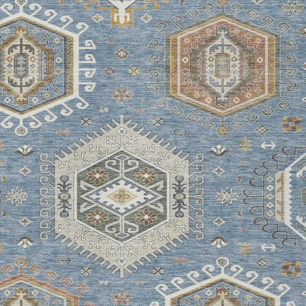 8' X 10' Denim Blue And Beige Tribal Washable Indoor Outdoor Area Rug Homeroots Outdoor