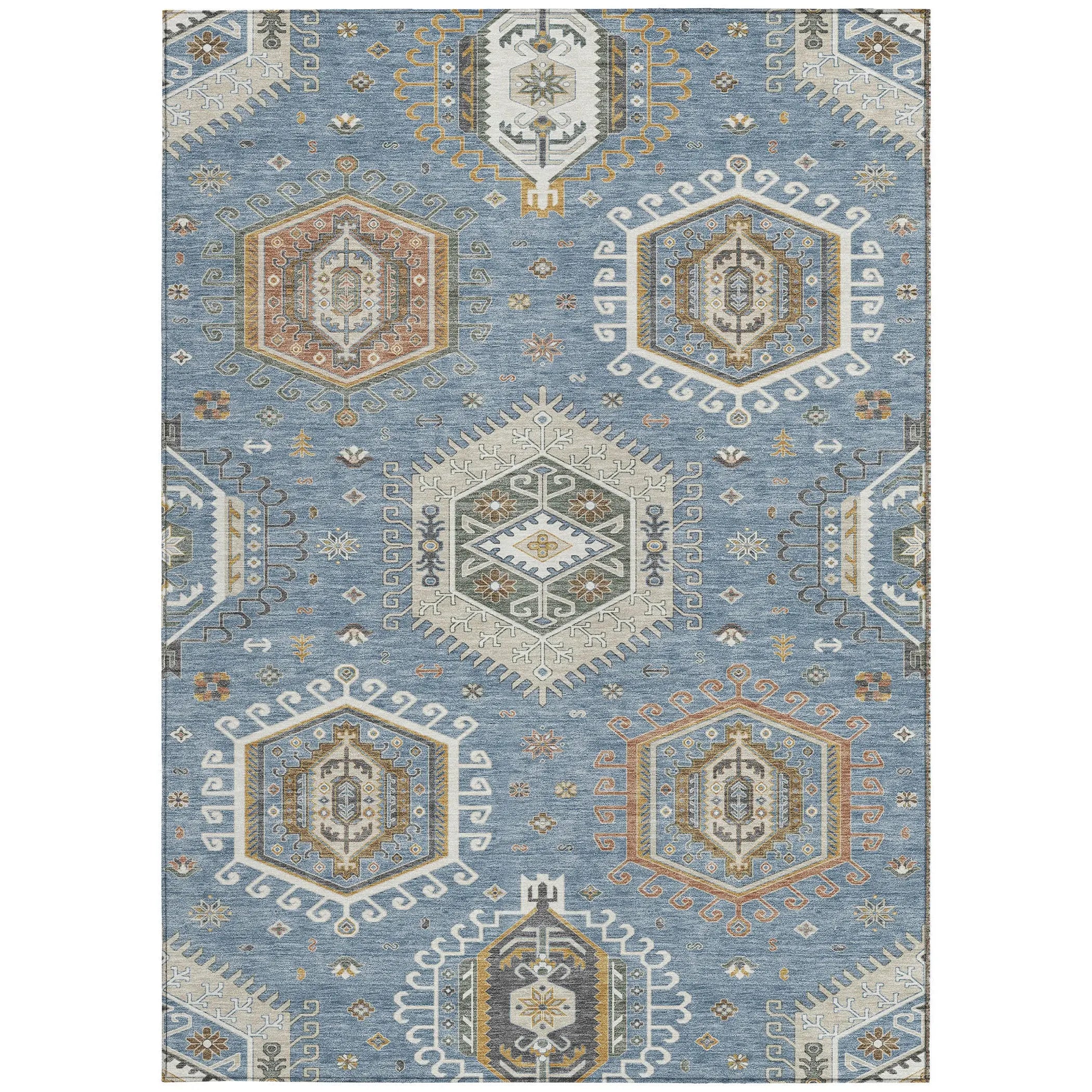 8' X 10' Denim Blue And Beige Tribal Washable Indoor Outdoor Area Rug Homeroots Outdoor
