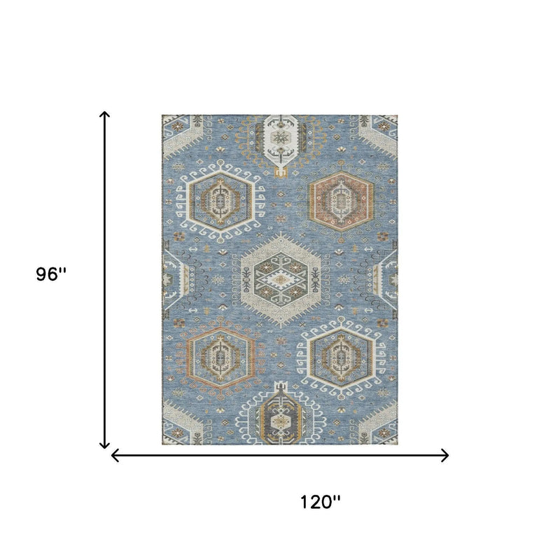 8' X 10' Denim Blue And Beige Tribal Washable Indoor Outdoor Area Rug Homeroots Outdoor