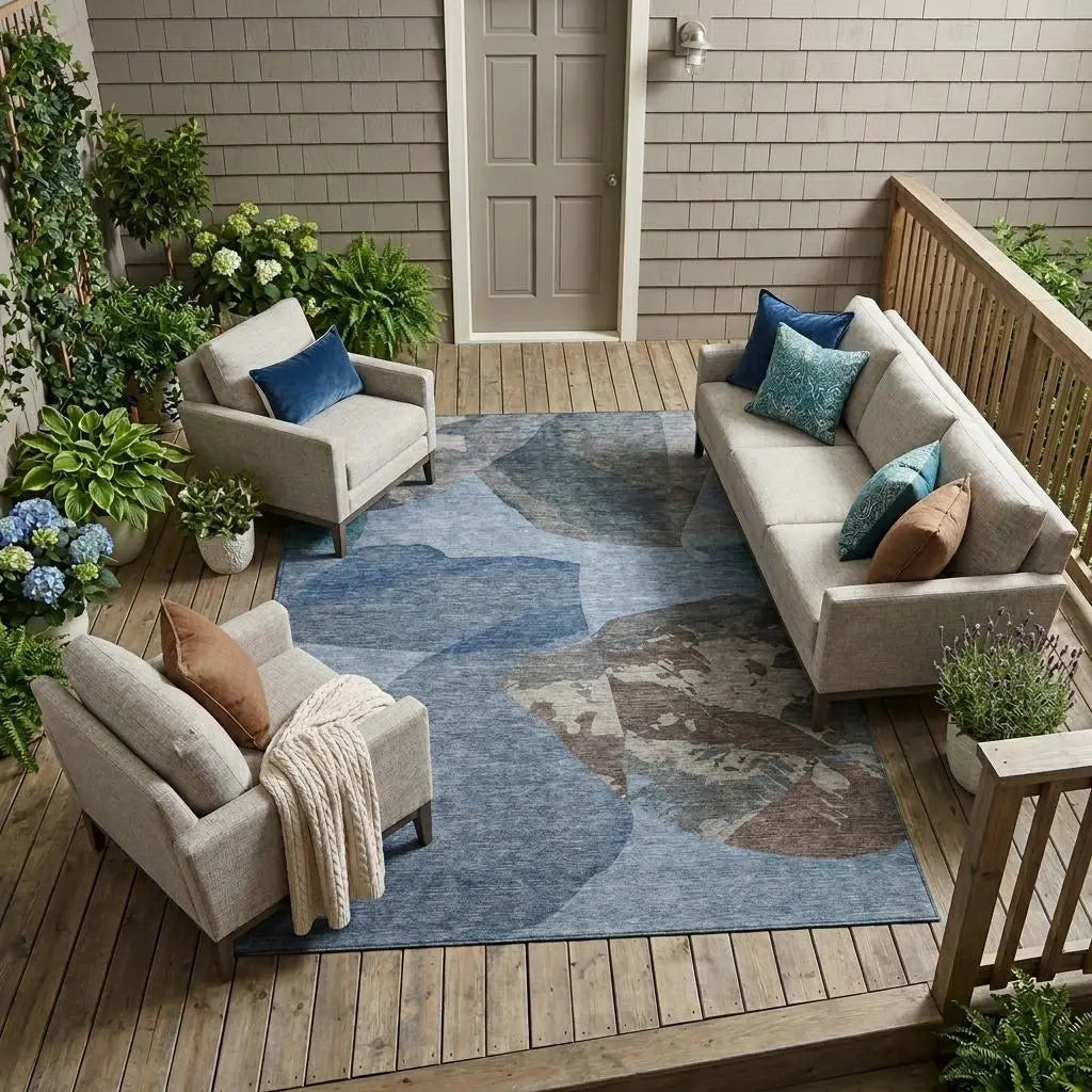 8' X 10' Denim Blue And Blue Abstract Washable Indoor Outdoor Area Rug Homeroots Outdoor