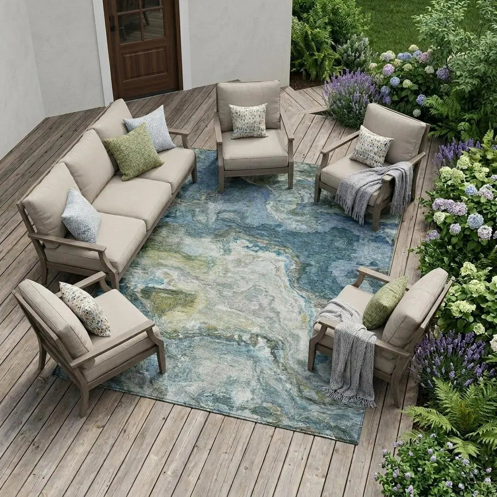 8' X 10' Denim Blue And Blue Abstract Washable Indoor Outdoor Area Rug Homeroots Outdoor