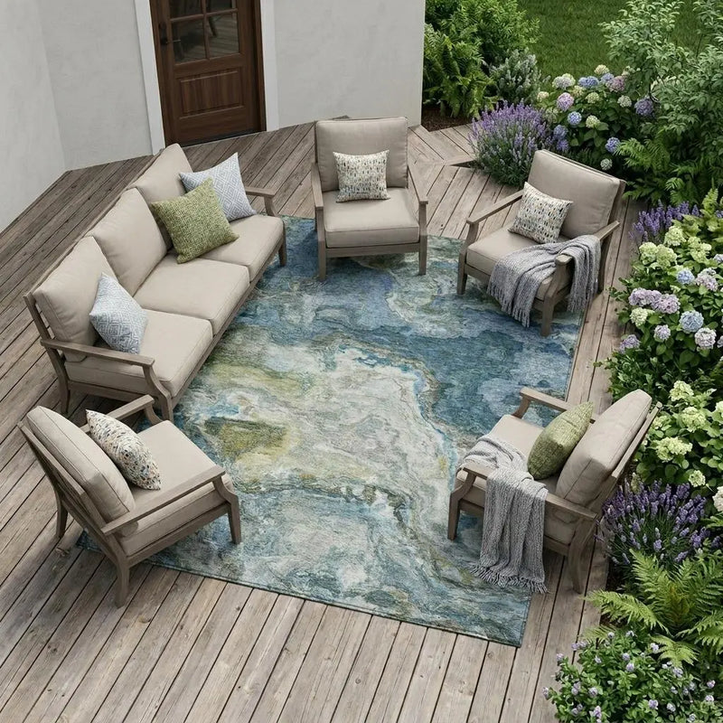 8' X 10' Denim Blue And Blue Abstract Washable Indoor Outdoor Area Rug Homeroots Outdoor